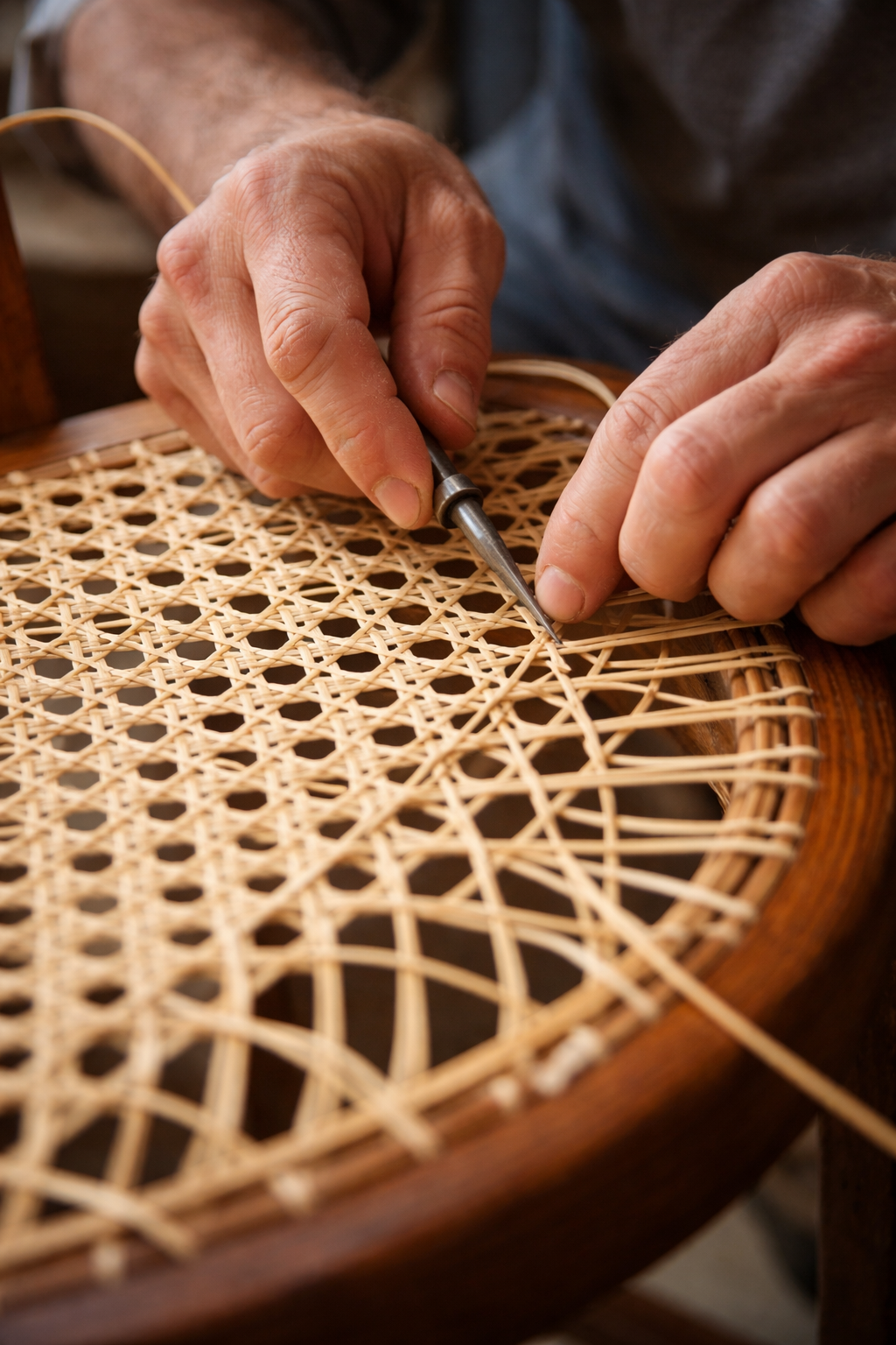 Person weaving intricate cane pattern on a wooden chair.