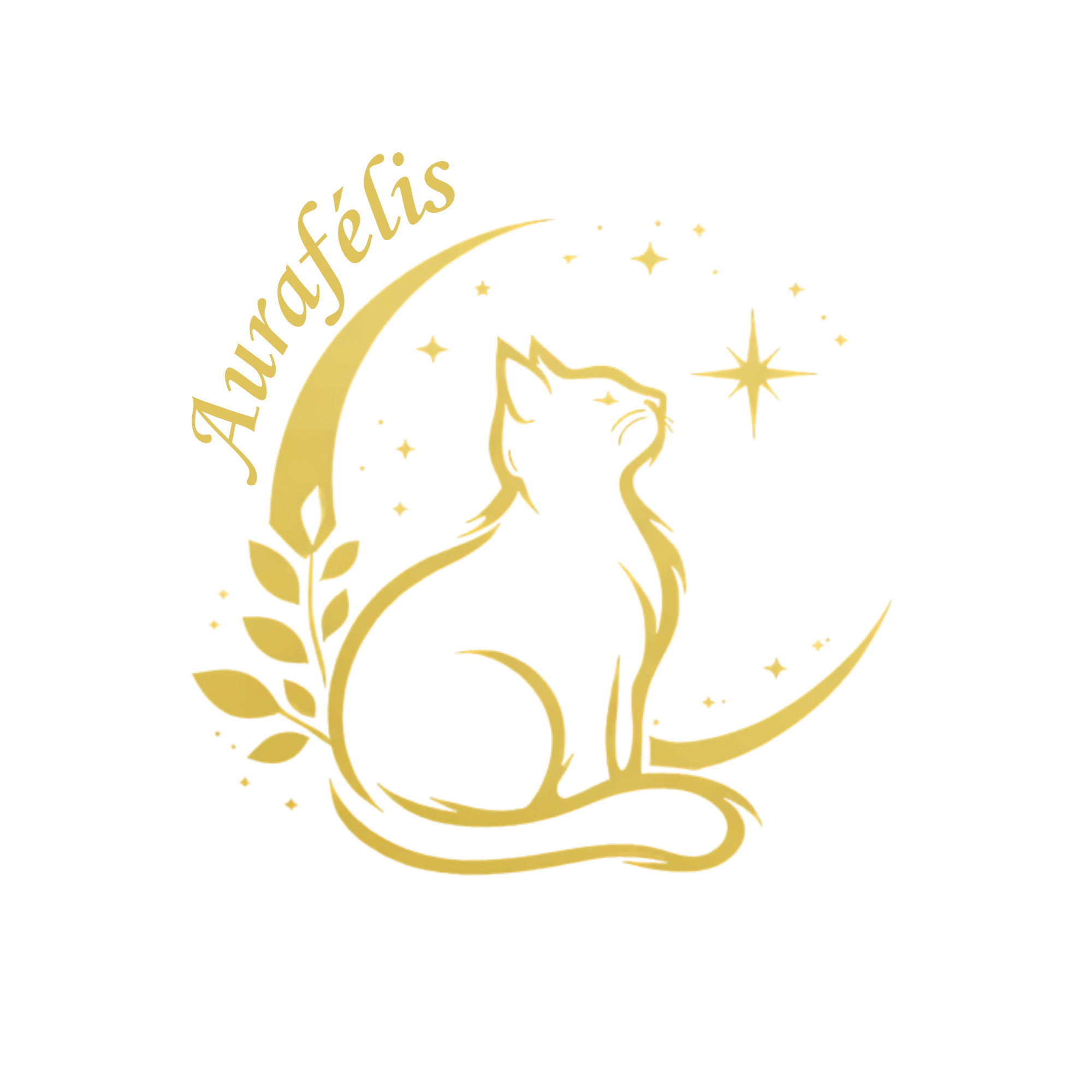 Logo doré avec un chat stylisé, entouré de branches d'olivier, étoiles et texte en français.