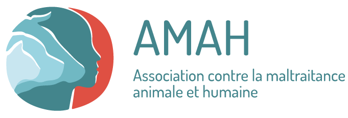 Logo de l'AMAH, association contre la maltraitance animale et humaine, avec une image stylisée d'une tête de chien et un texte en français.