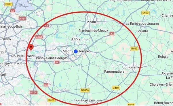 Carte de la zone d'intervention d'Aurafélis : 25km autour de Marne-la-Vallée, Seine-et-Marne.