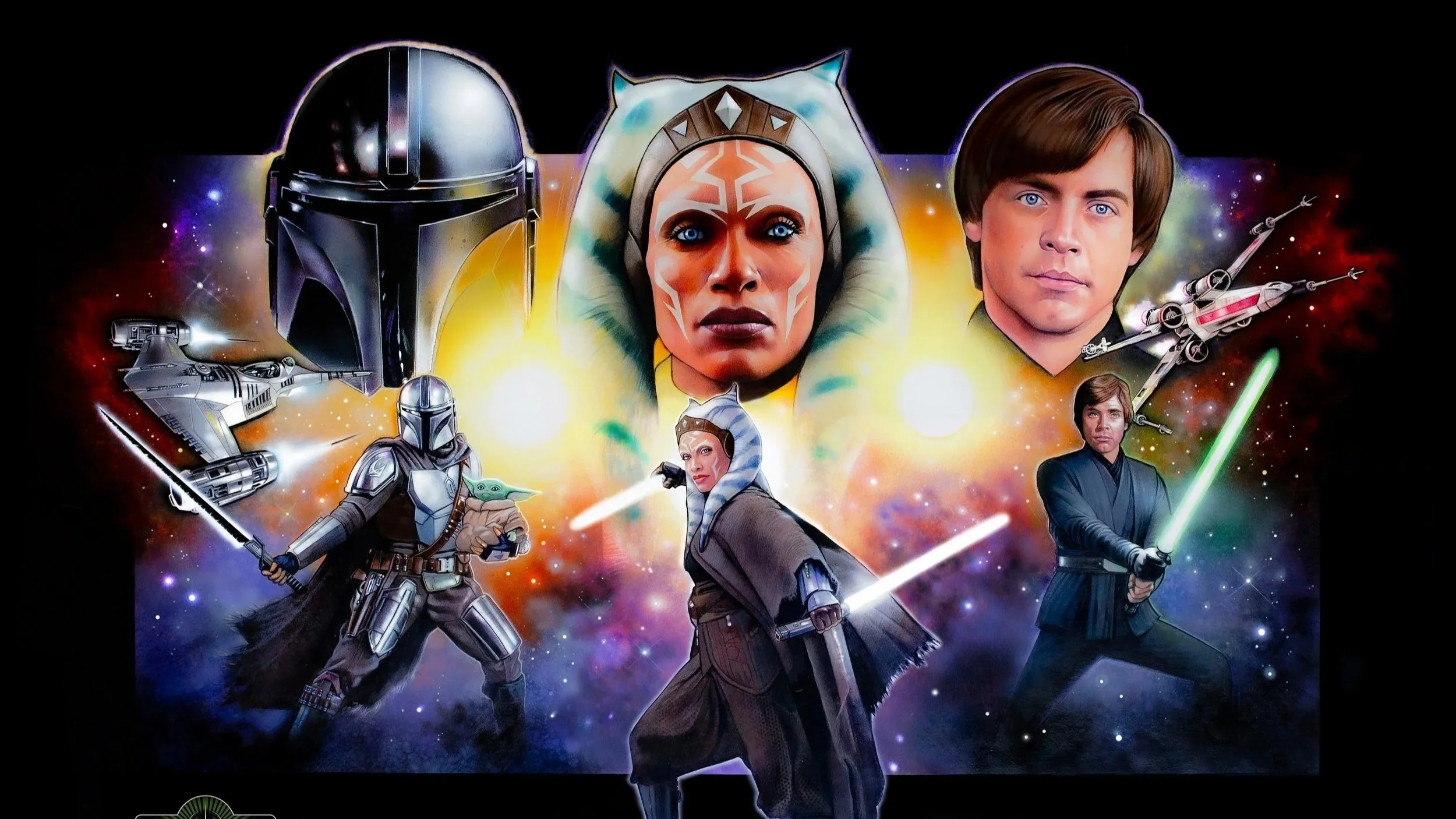 Mandalorian, Ahsoka Tano, and Luke Skywalker hand-drawn Star Wars sketch card art by artist Jason Davies.