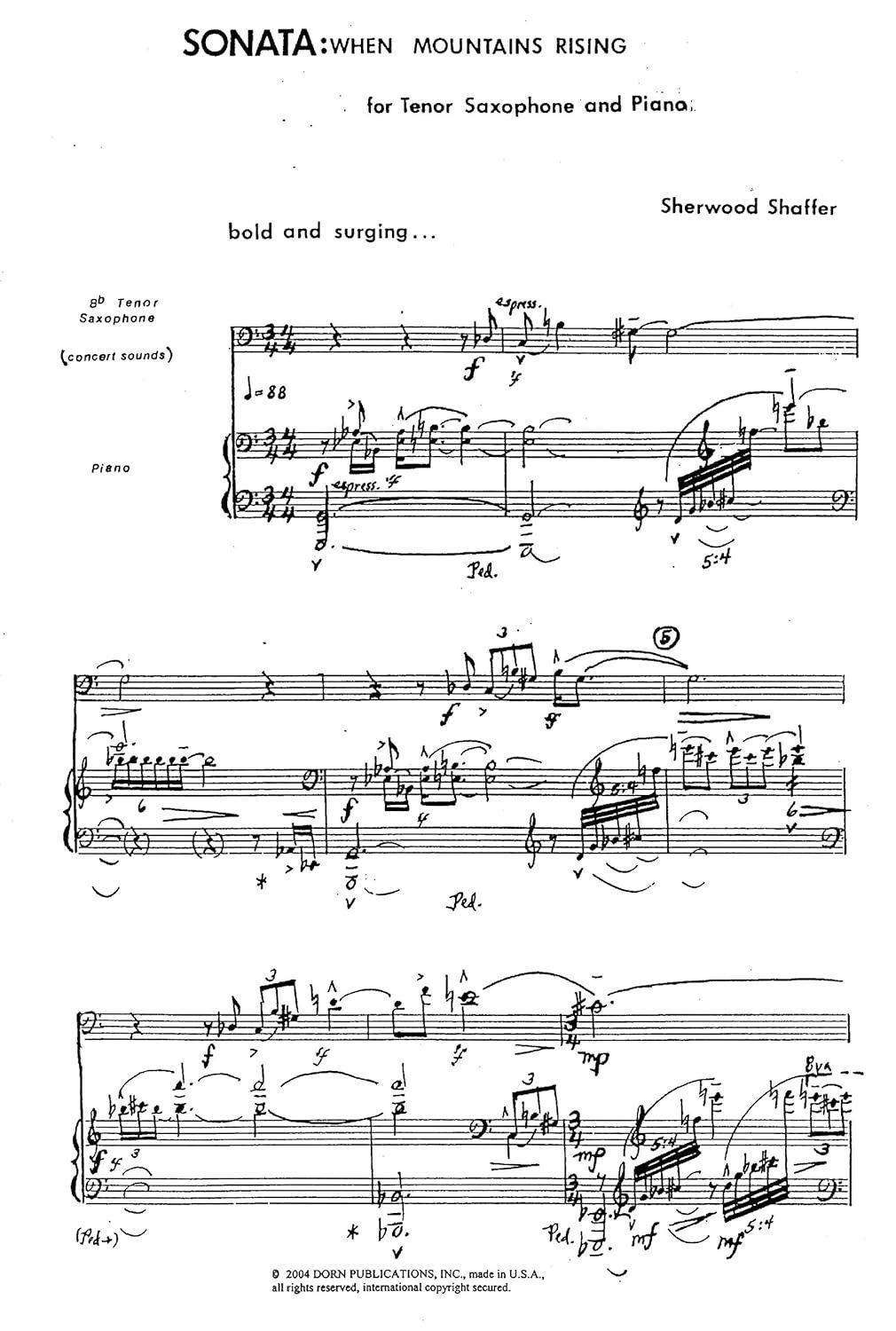 First page of printed sheet music titled “Sonata: When Mountains Rising,” showing treble and bass staves with dense musical notation, dynamics, and expressive markings laid out in a formal classical score format.