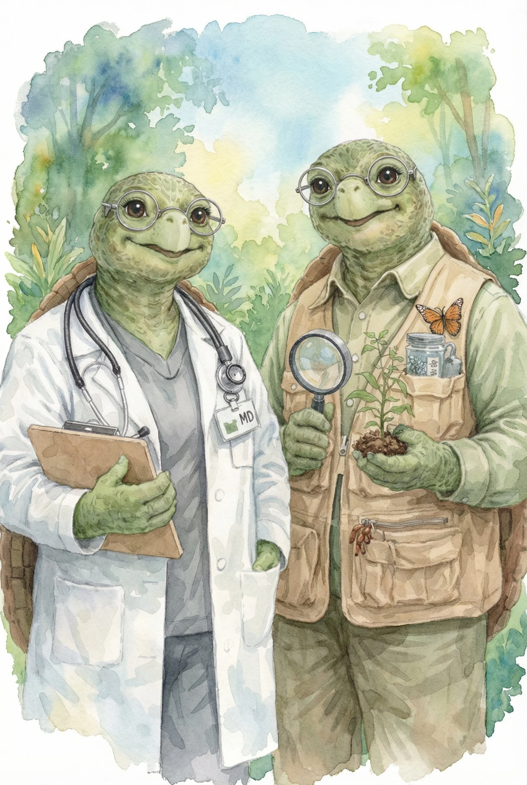 Illustration of two anthropomorphic tortoises in a nature setting. One is dressed as a doctor with glasses, a white coat, and a stethoscope, holding a clipboard. The other is dressed as a scientist or researcher with glasses, a vest, and gloves, holding a small plant and a magnifying glass. The background features trees and greenery.