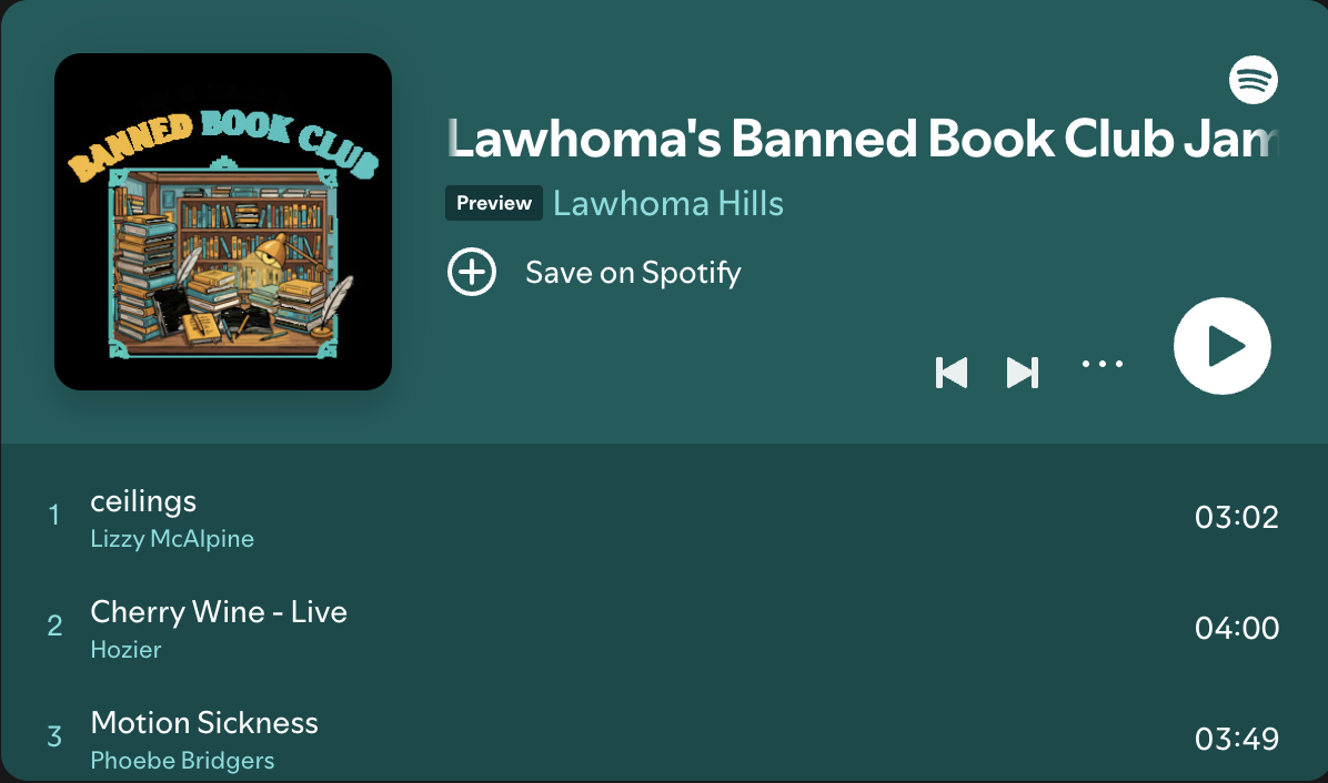 Spotify playlist titled "Lawhoma's Banned Book Club Jam" featuring album art of a bookshelf filled with books, with a bird and feathers, and a black background.