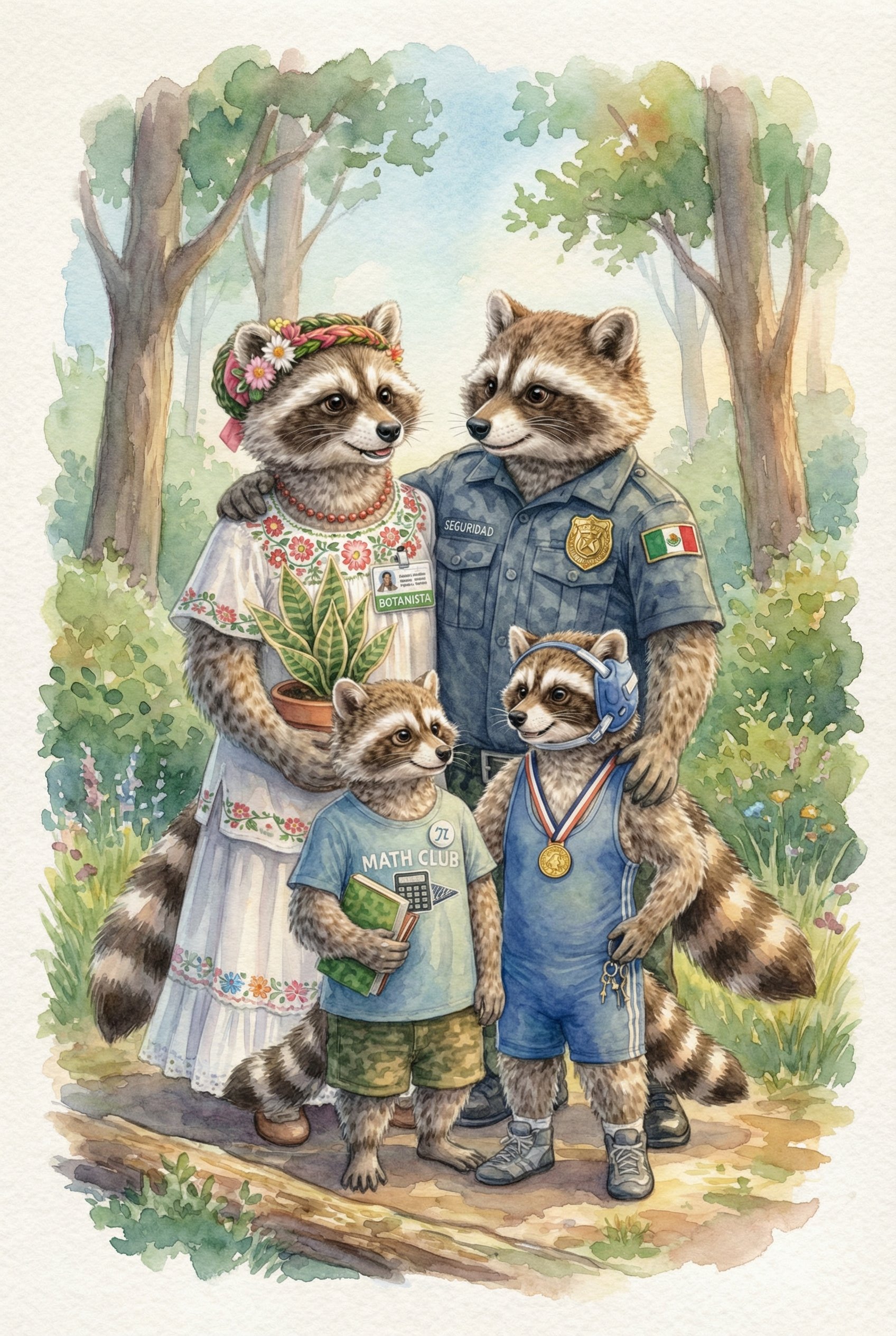 Illustration of anthropomorphic raccoons in a forest, dressed as a botanist, security officer, student, and gymnast, standing together.
