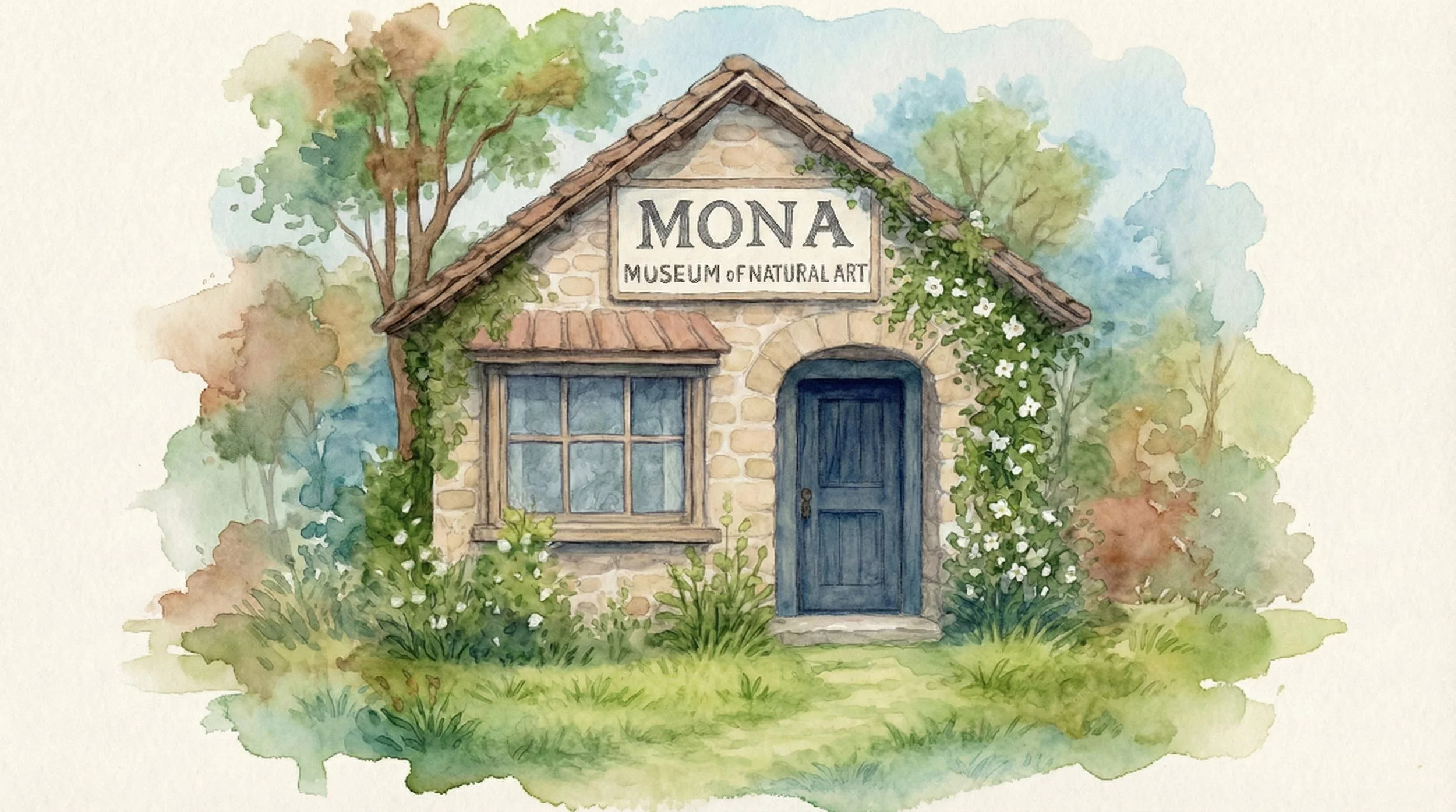 Watercolor painting of the Museum of Natural Art building labeled MONA, with a stone facade, blue door, and window, surrounded by green trees and bushes.