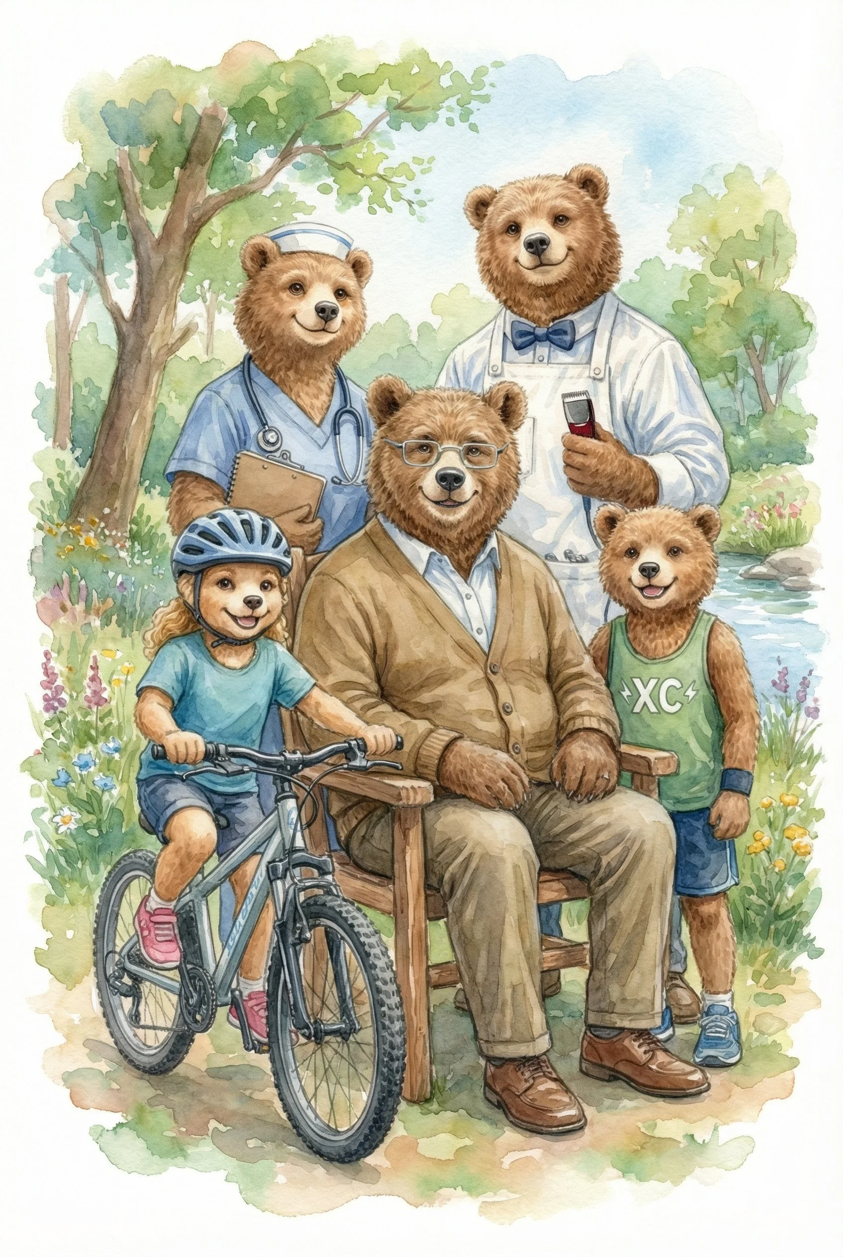 Illustration of a family of bears and their children in a park. The adults are bears, one wears glasses, a brown jacket, and a blue shirt. The girl is riding a bicycle with a helmet, and the boy is standing next to a bear, both have human-like features.