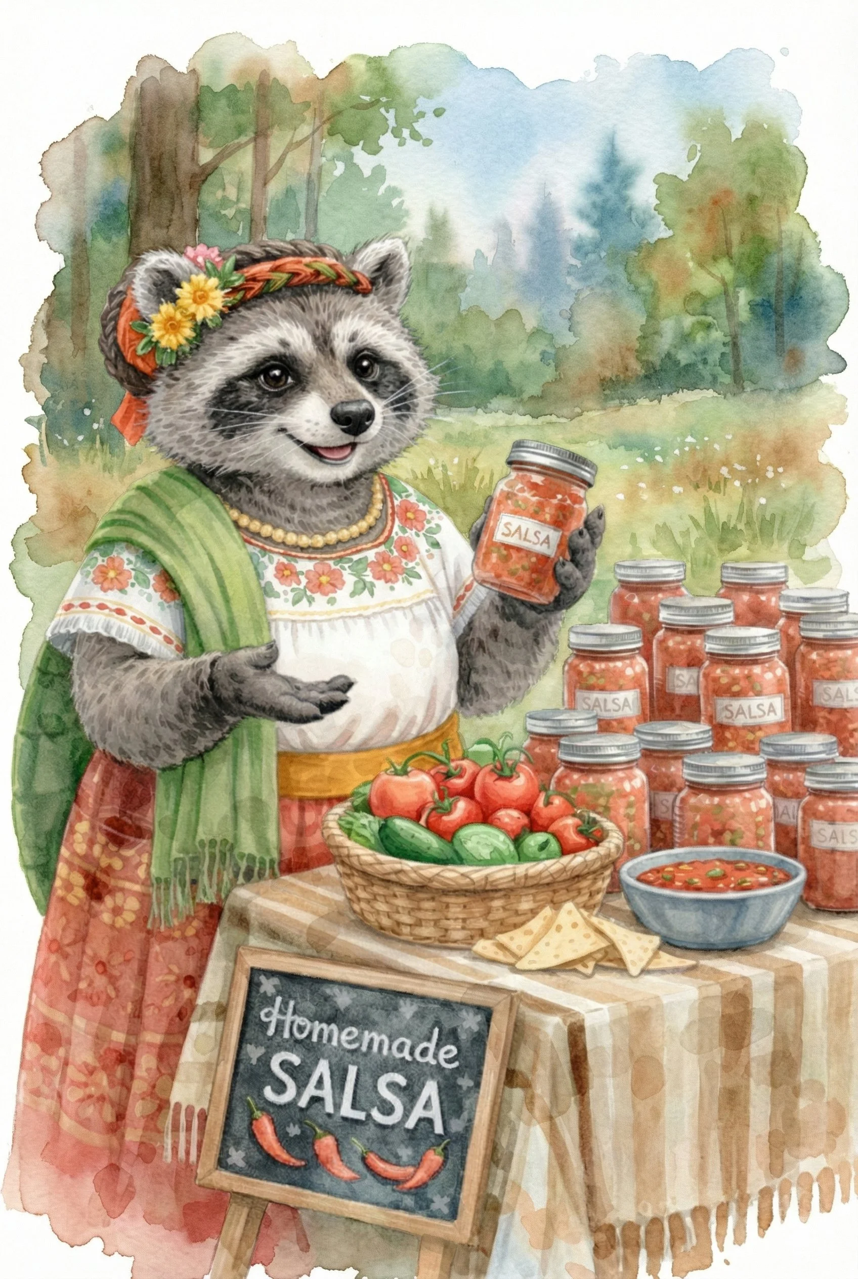 A raccoon dressed in traditional Mexican clothing, holding a jar of homemade salsa, standing at a table with tomatoes, cucumbers, cheese, and a bowl of salsa, with jars of salsa and a chalkboard sign reading 'Homemade Salsa' in the background.