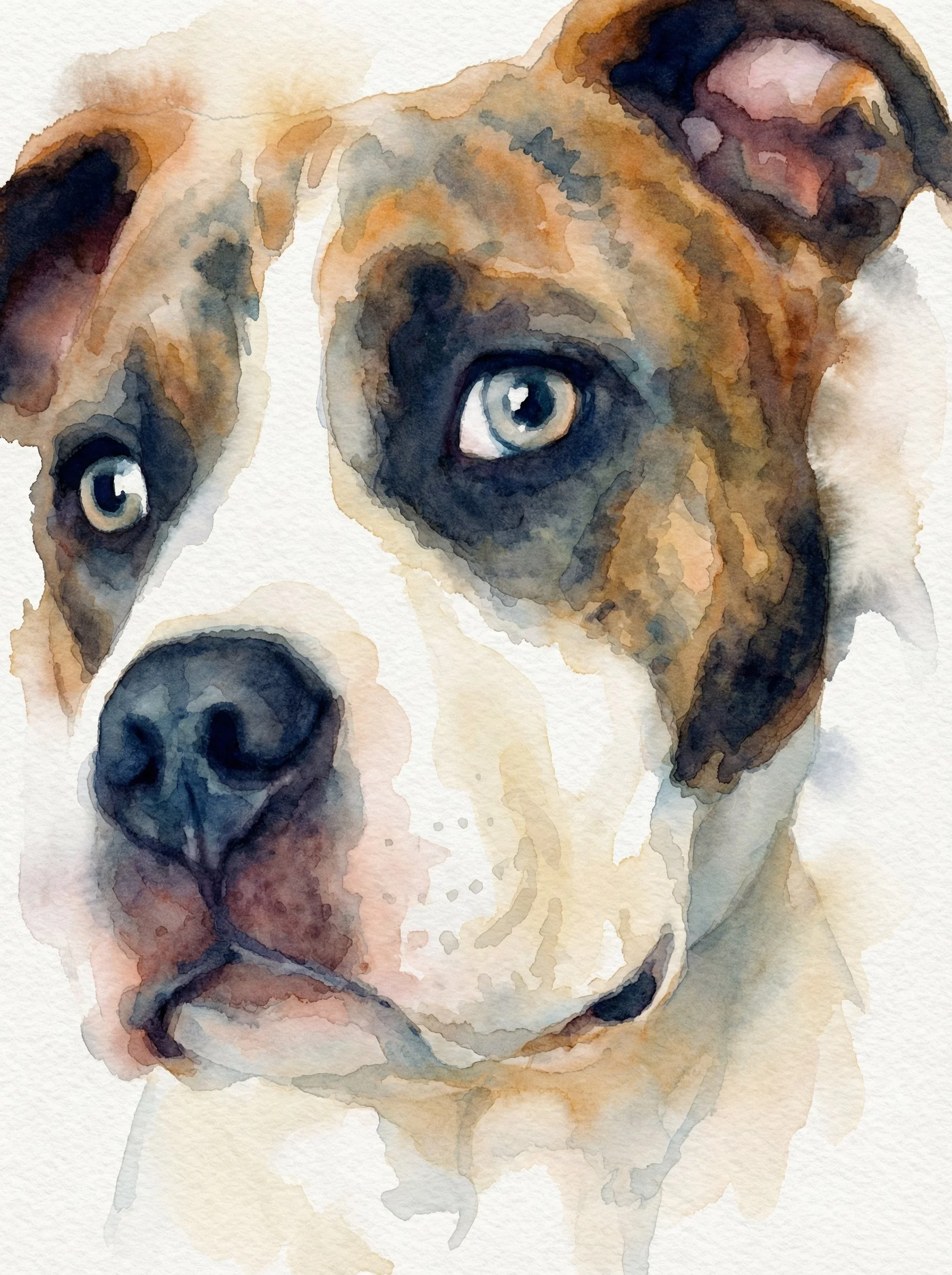 Watercolor painting of a dog's face with blue eyes, primarily in shades of brown, black, and white.