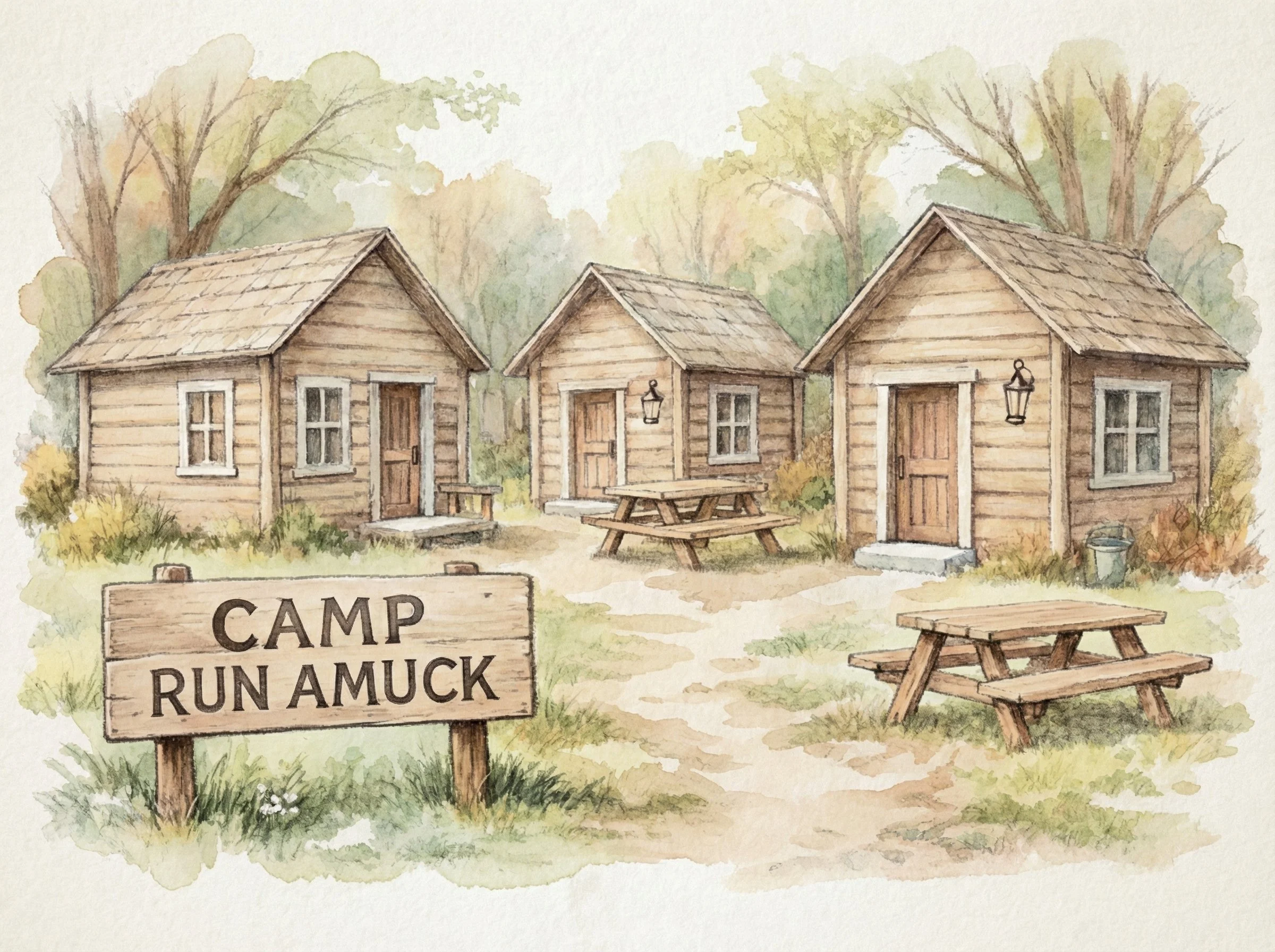Watercolor illustration of three rustic wooden cabins at a camp, with a sign reading 'CAMP RUN AMUCK' in front, surrounded by trees, picnic tables, and camping gear.