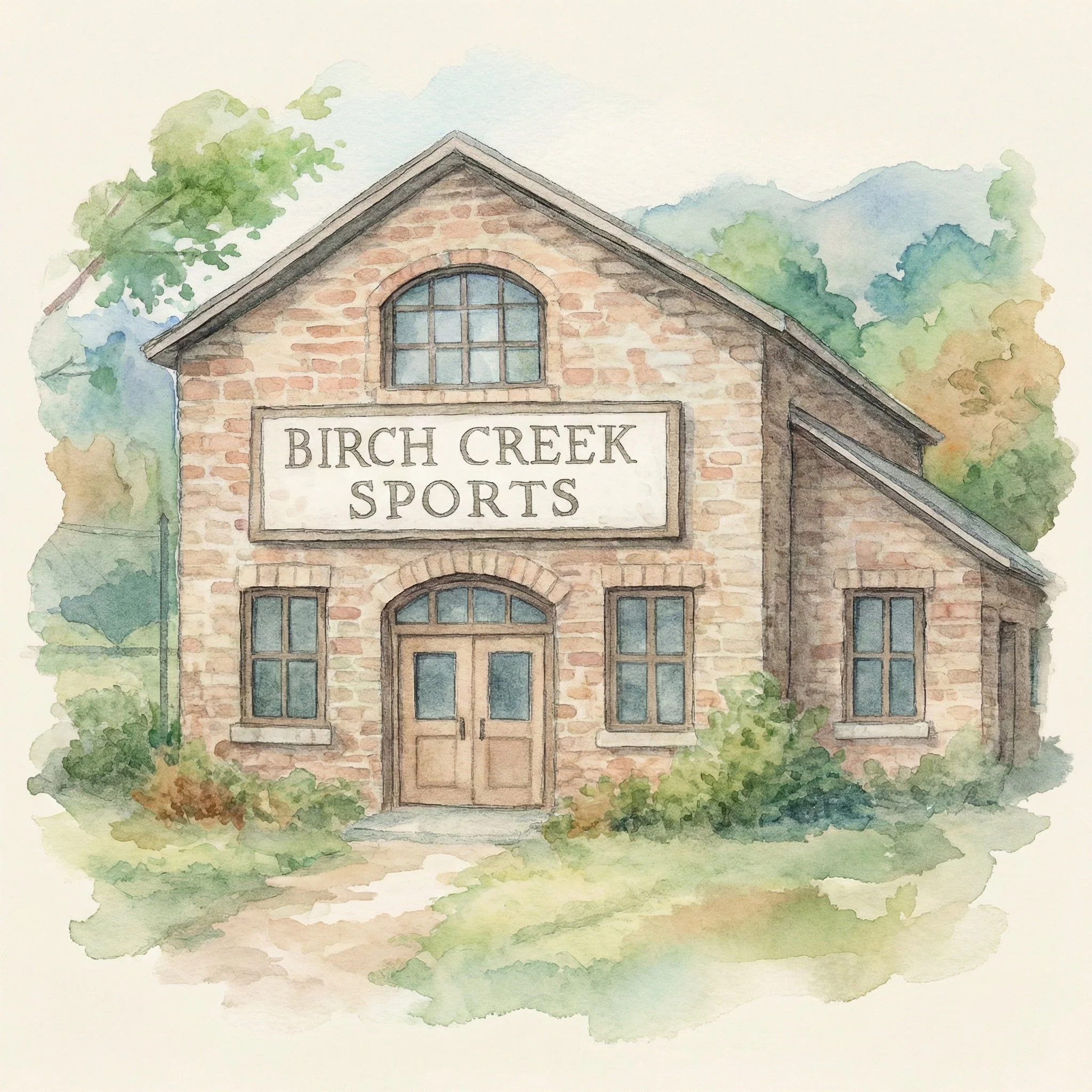 Watercolor painting of a brick building with a sign that reads 'Birch Creek Sports', surrounded by trees and greenery.