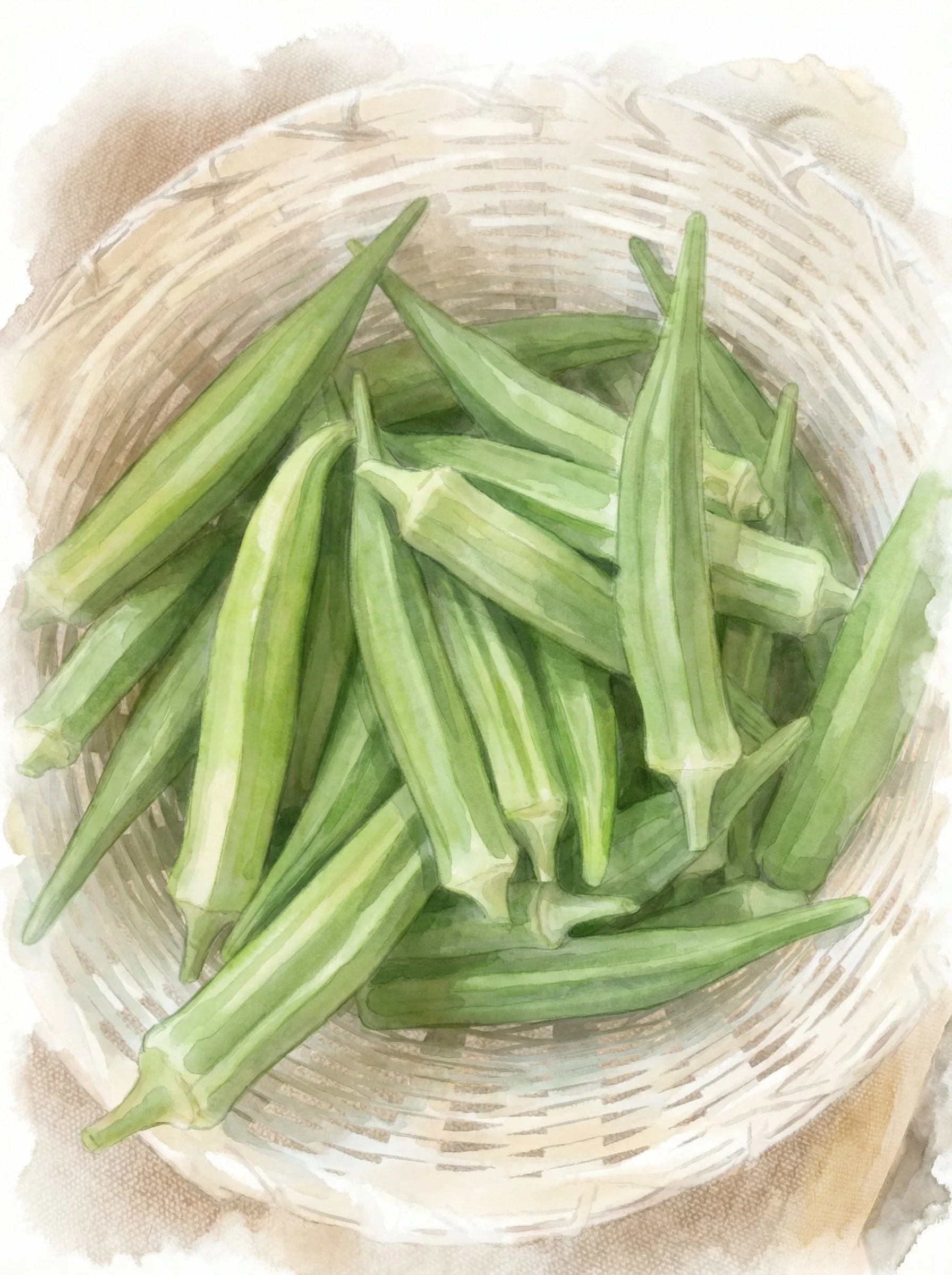 A watercolor-style illustration of fresh green okra pods in a woven basket.