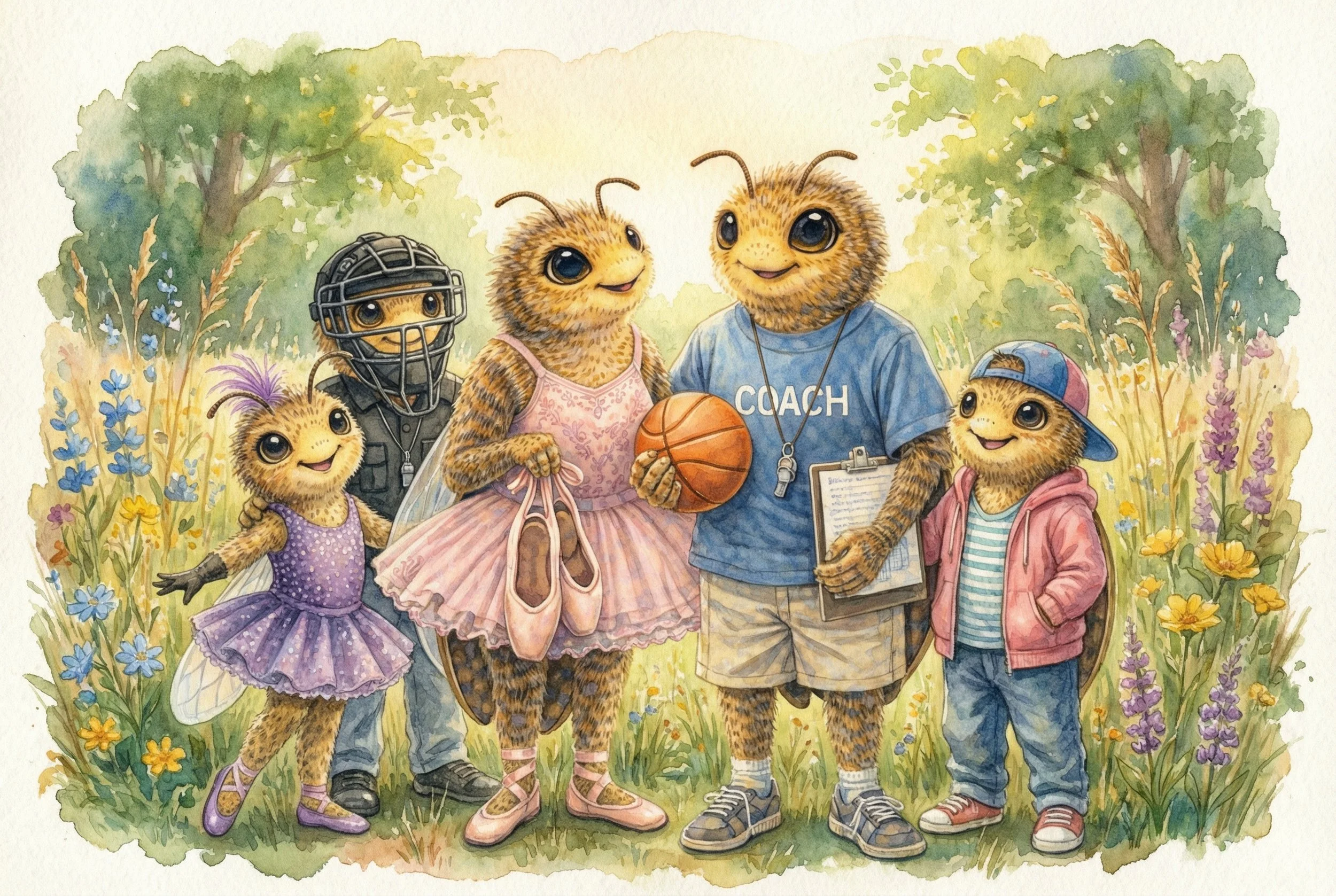 Five anthropomorphic chipmunks dressed as ballet dancers, a basketball coach, and a cyclist in a field of flowers, with trees in the background. They are all smiling and appear friendly and animated.