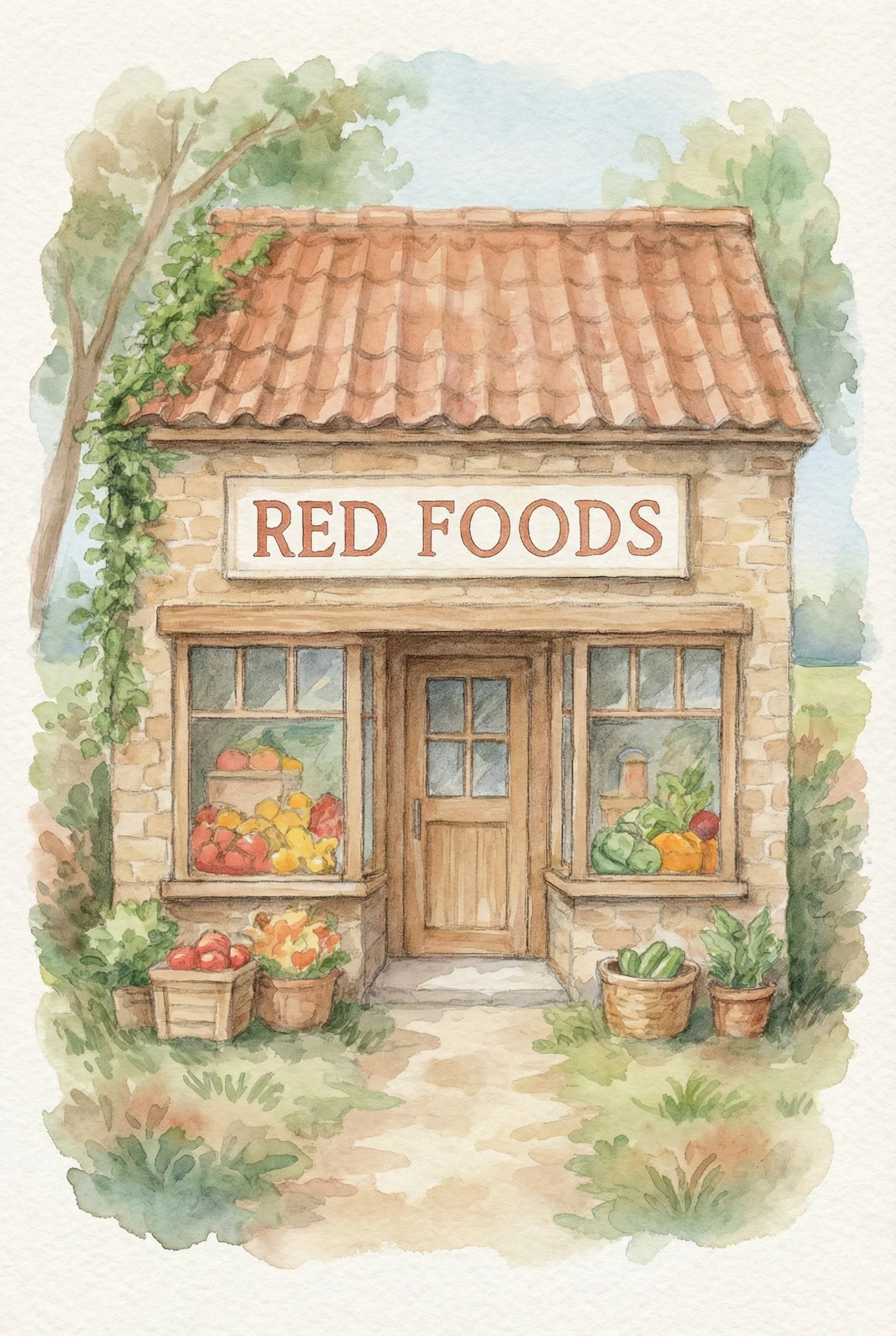 Watercolor painting of a small grocery store named 'Red Foods,' with a brick facade, a wooden door, and large display windows filled with fruits and vegetables, surrounded by greenery.