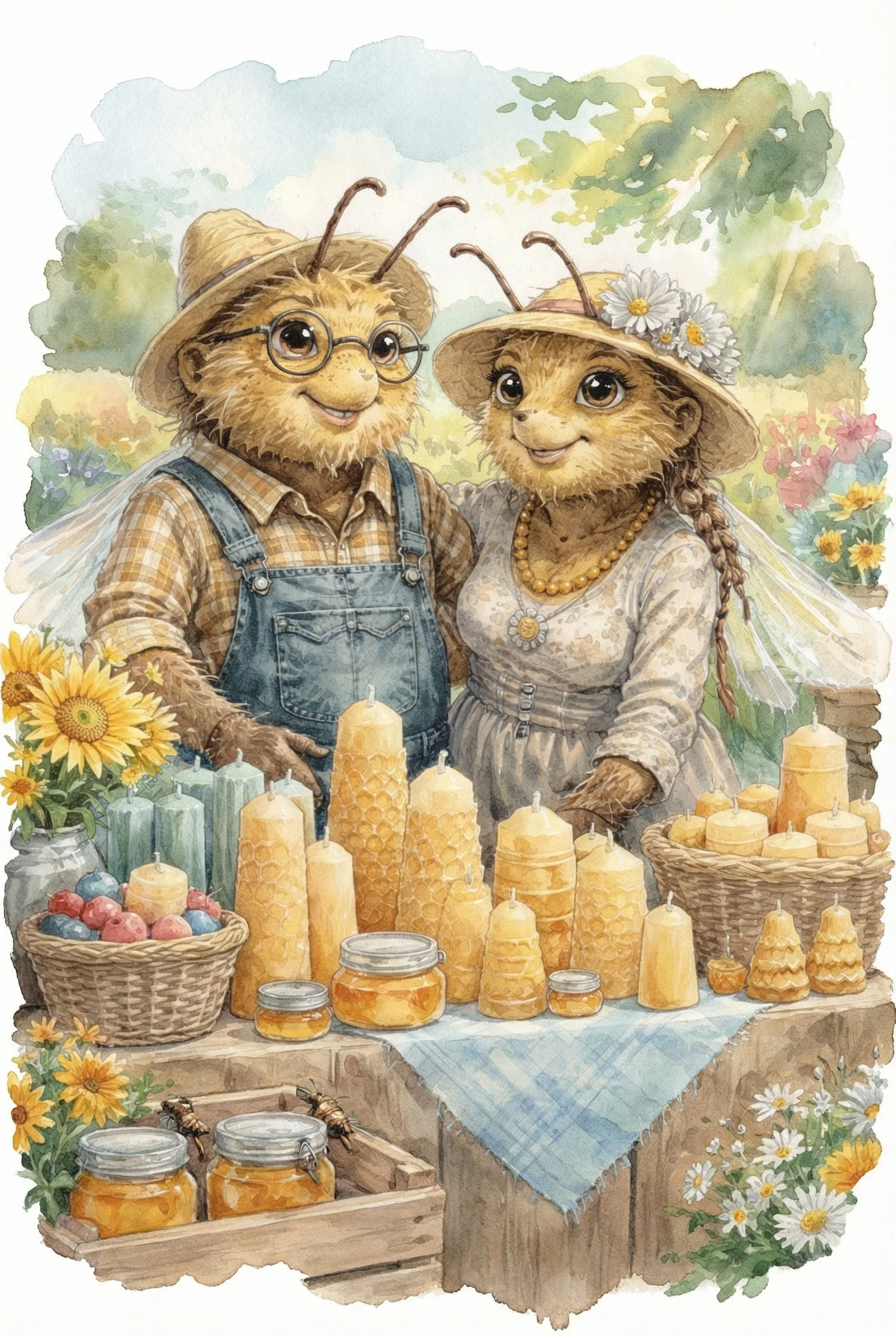 Two anthropomorphic insects with human bodies and insect features, dressed in old-fashioned clothing, standing at a honey and beeswax shop outdoor display, surrounded by flowers and jars of honey.