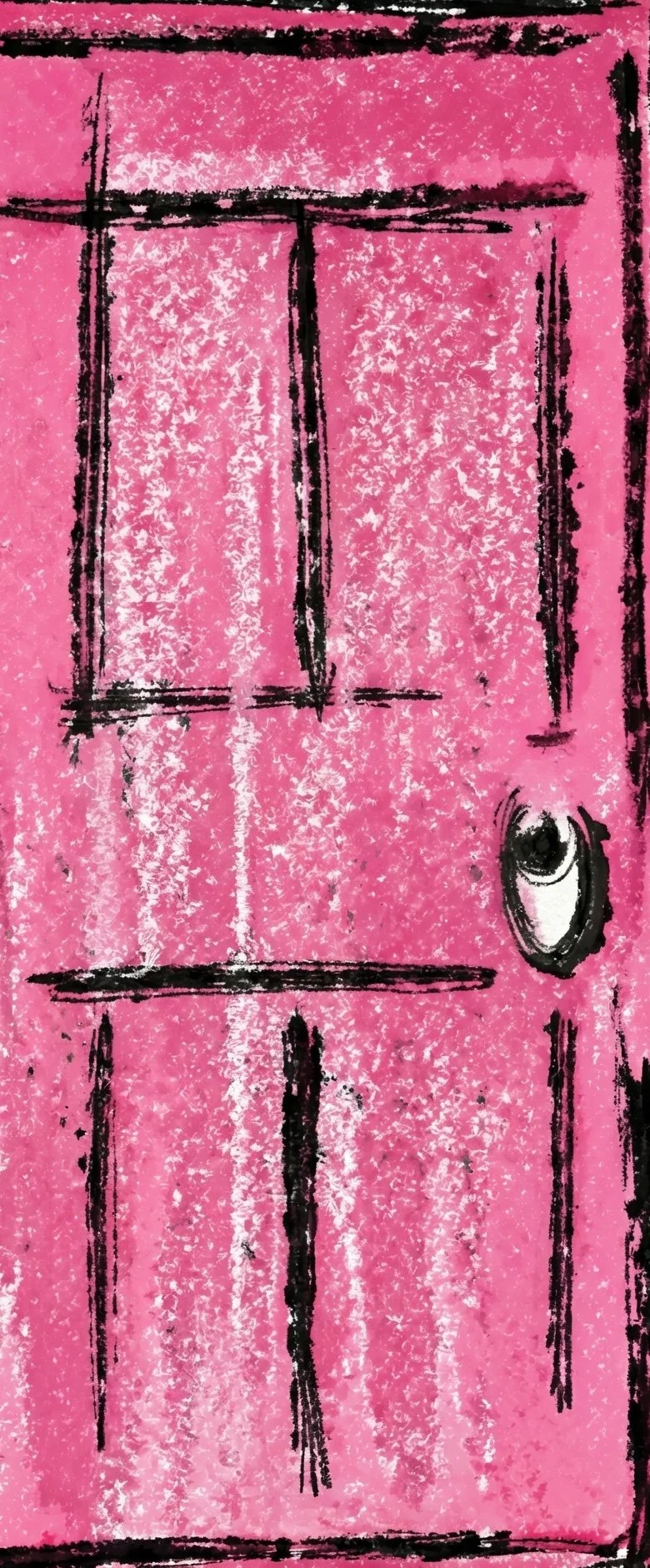 Pink door with black scribbles depicting door frame, knob, and panels.