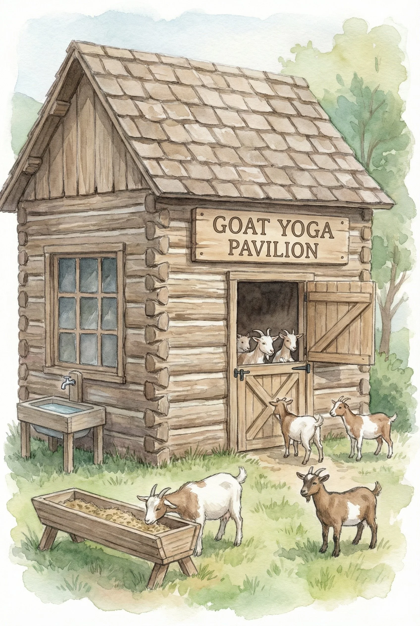 Painting of a wooden goat yoga pavilion with goats inside and outside, a water trough, and a feeding trough, surrounded by green trees.