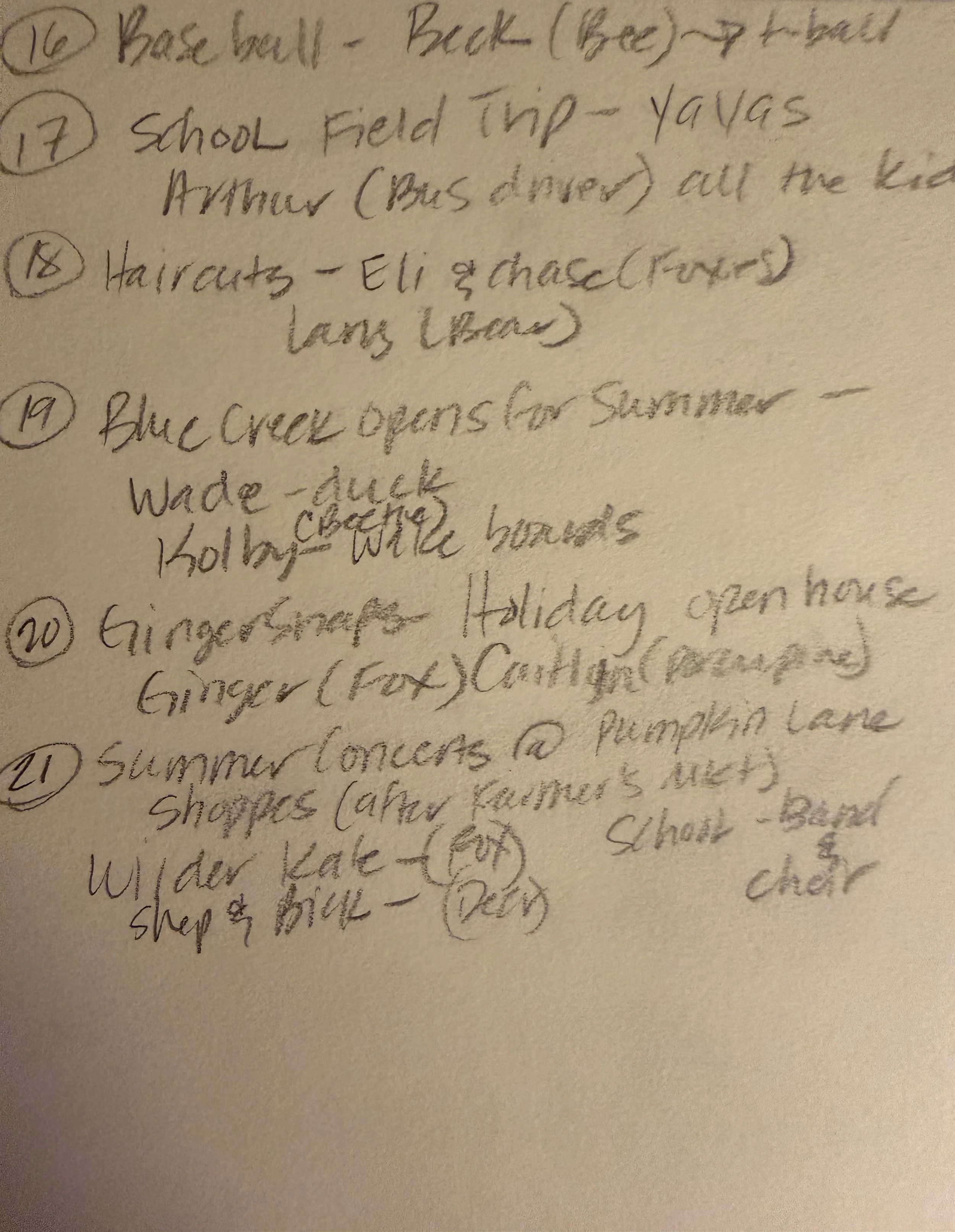 Handwritten notes listing tasks such as yard work, haircuts, a summer open house, and summer activities, with some words and phrases crossed out or marked.