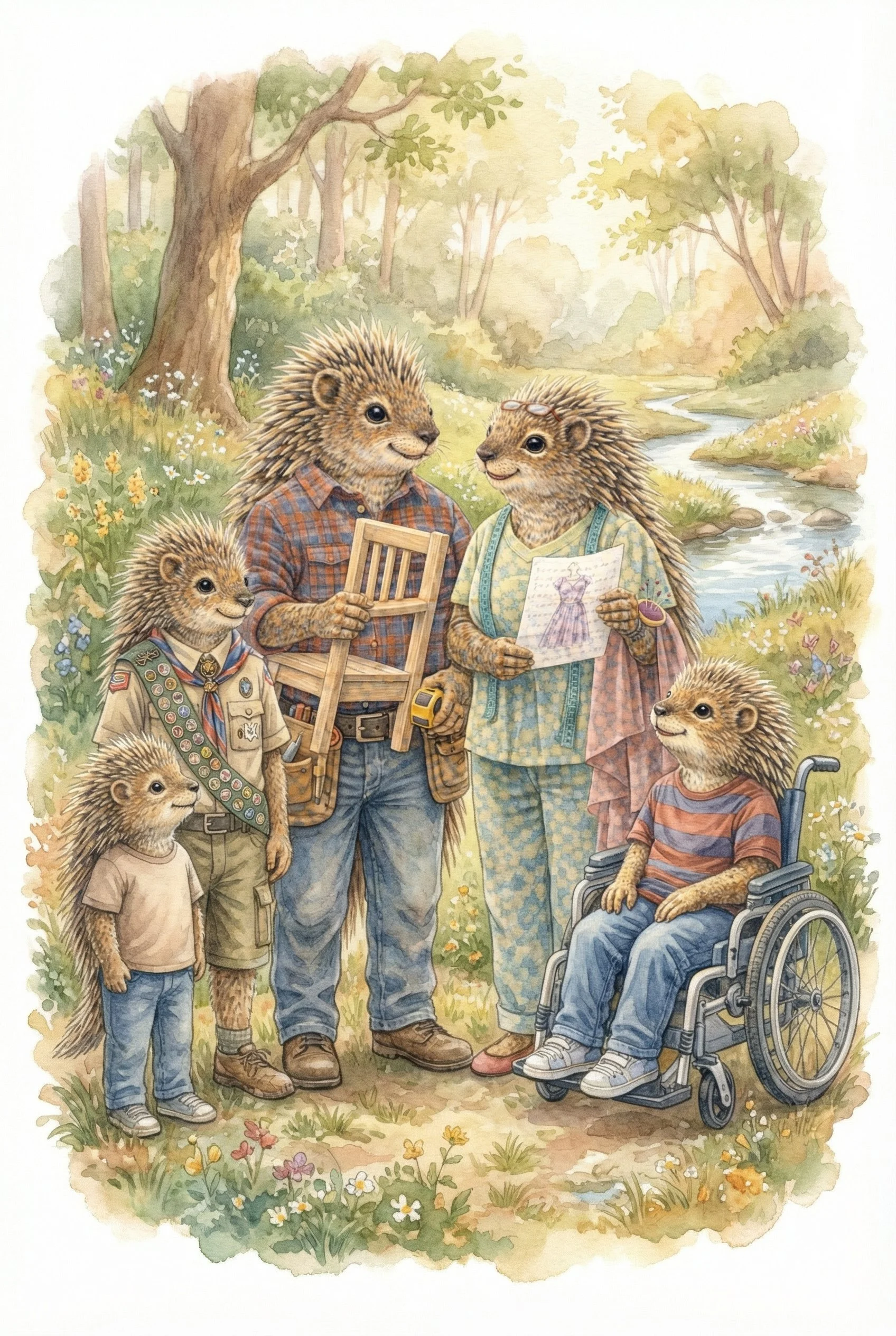 Illustration of anthropomorphic hedgehogs in a park with a river, flowers, and trees. One hedgehog woman is showing drawings, a hedgehog man is holding a chair, a boy hedgehog with a sash looks on, a girl hedgehog in a wheelchair and a young hedgehog boy with glasses are present.