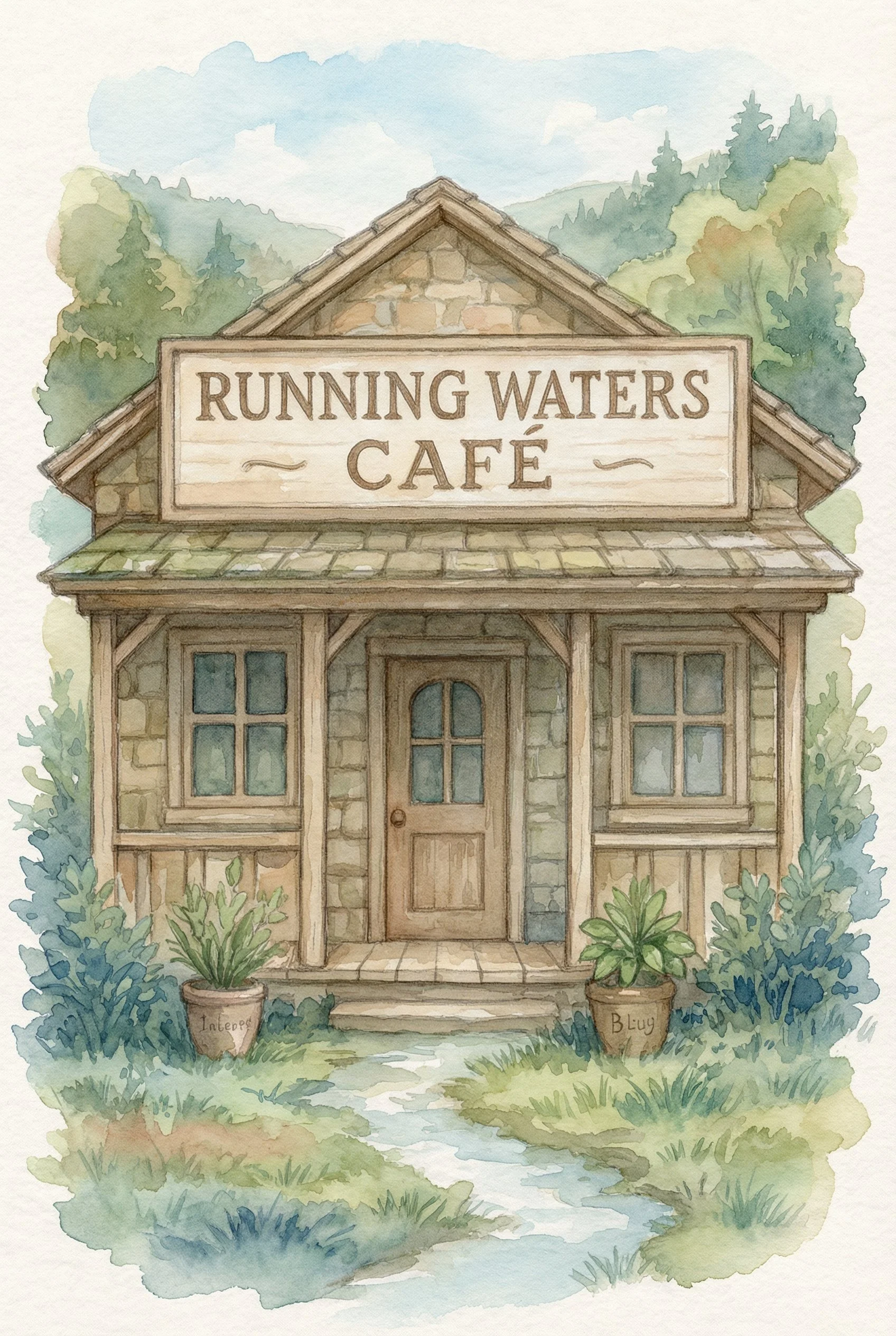 Watercolor painting of a rustic cafe named Running Waters Cafe, with a stone exterior, wooden door, and lush greenery surrounding it.