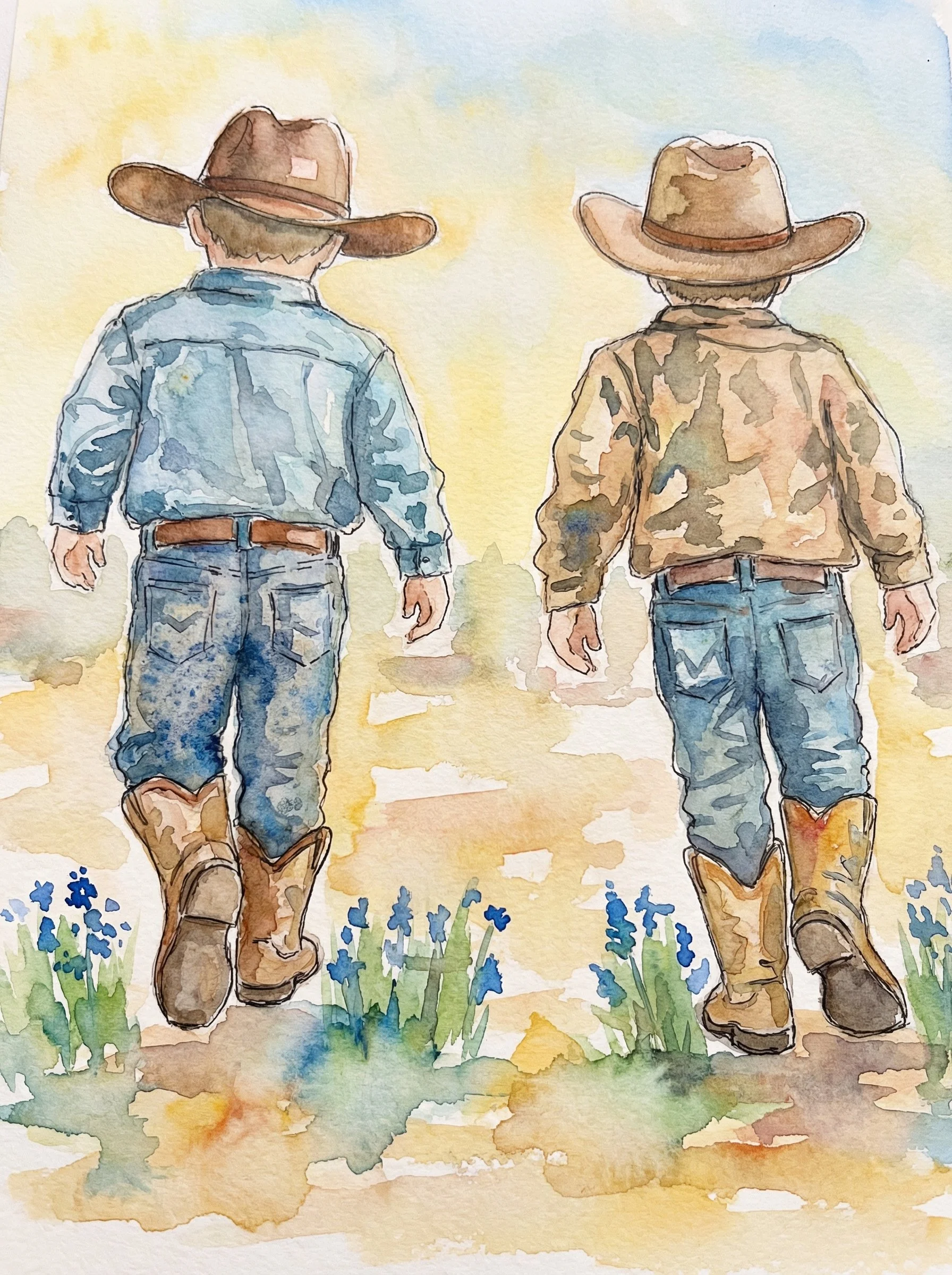 Watercolor painting of two boys wearing cowboy hats, jeans, and boots, walking away on a dirt path with blue flowers on either side at sunset or sunrise.