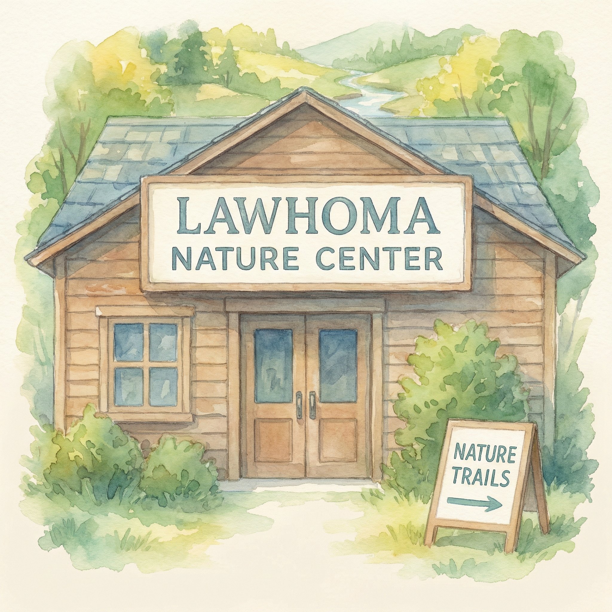 Watercolor illustration of the entrance to Lawhoma Nature Center, a small wooden building with a sign on top, surrounded by greenery. A signboard nearby points to nature trails.