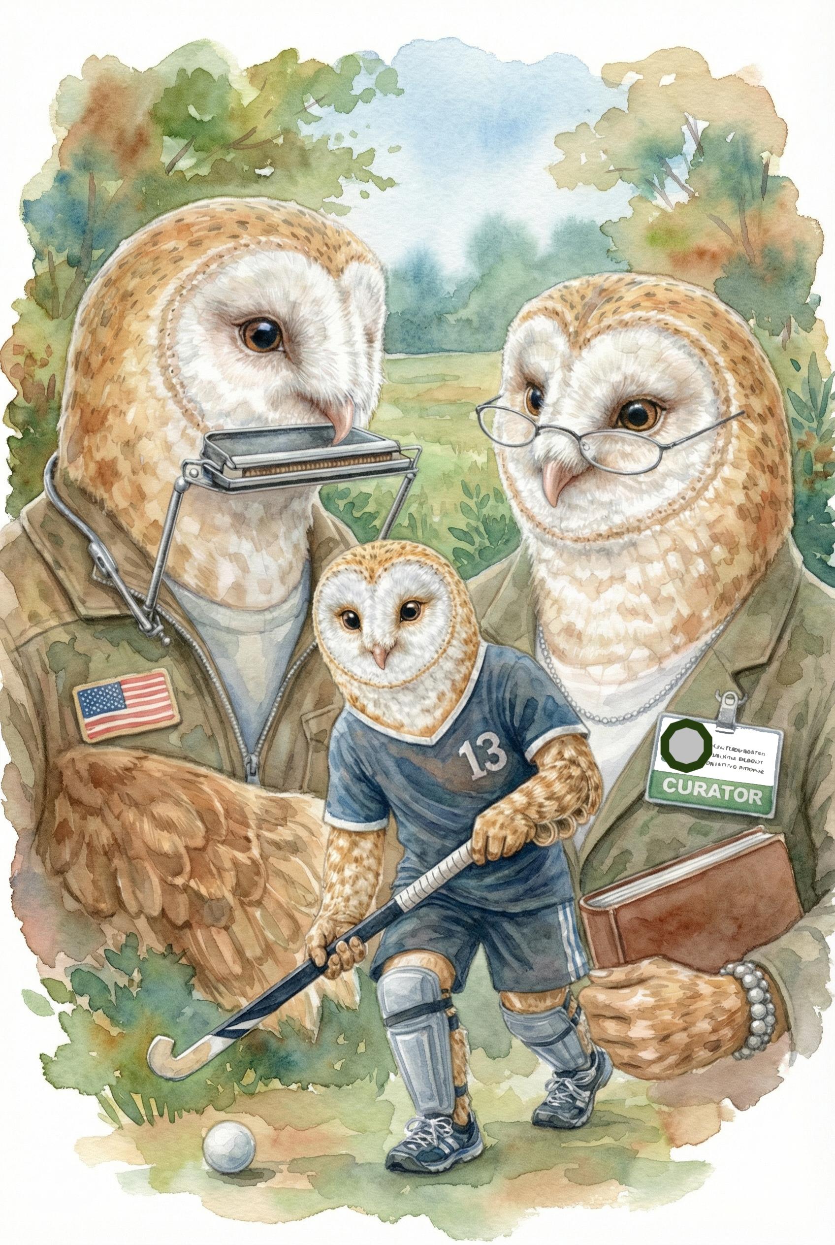 A watercolor painting of two anthropomorphic owls and a young boy playing golf outdoors. The owls are dressed in military-style clothing, one with glasses and a badge that says 'Curator,' and the other with an American flag patch. The boy is wearing sports attire with the number 13, a knee brace, and holding a golf club, aiming at a golf ball on the grass.