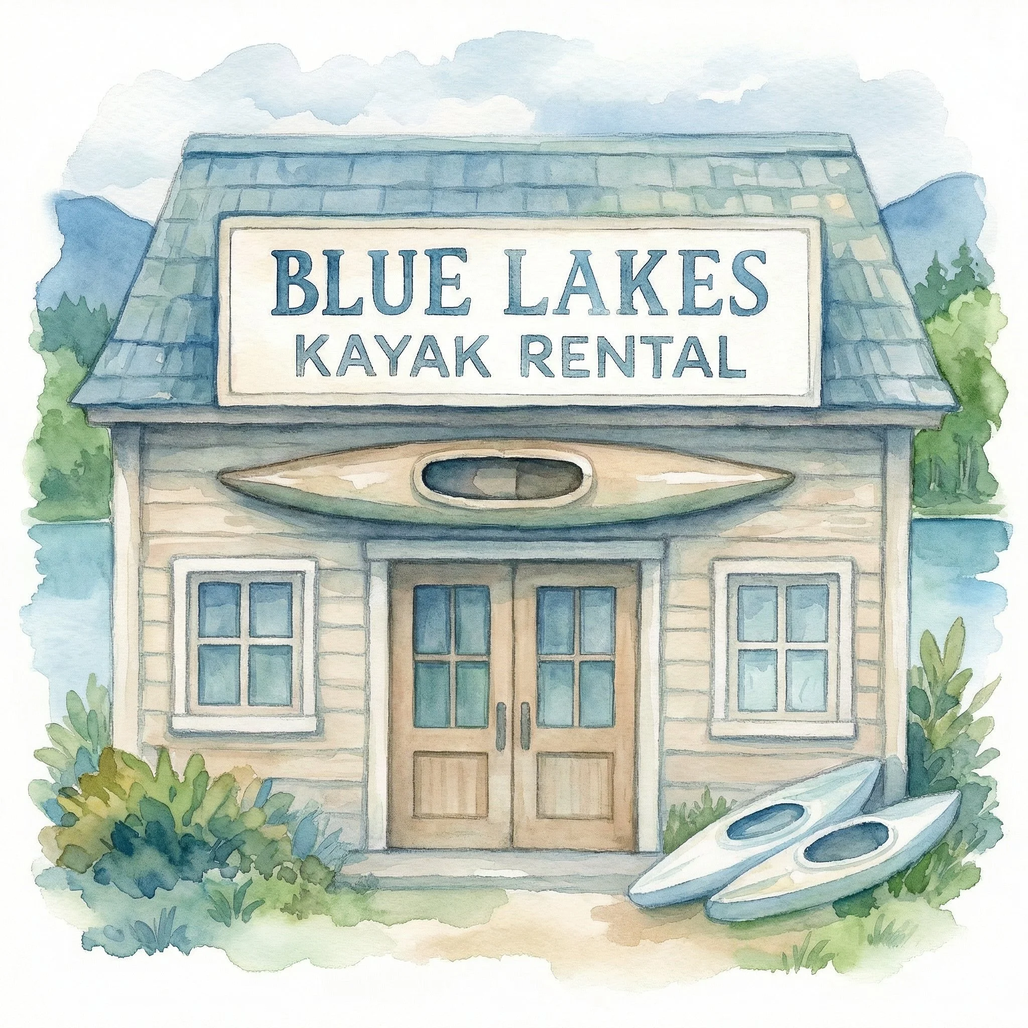 A watercolor painting of a small wooden building with a sign that reads 'Blue Lakes Kayak Rental'. Two kayaks are placed on the ground outside, with a lake, trees, and mountains in the background.