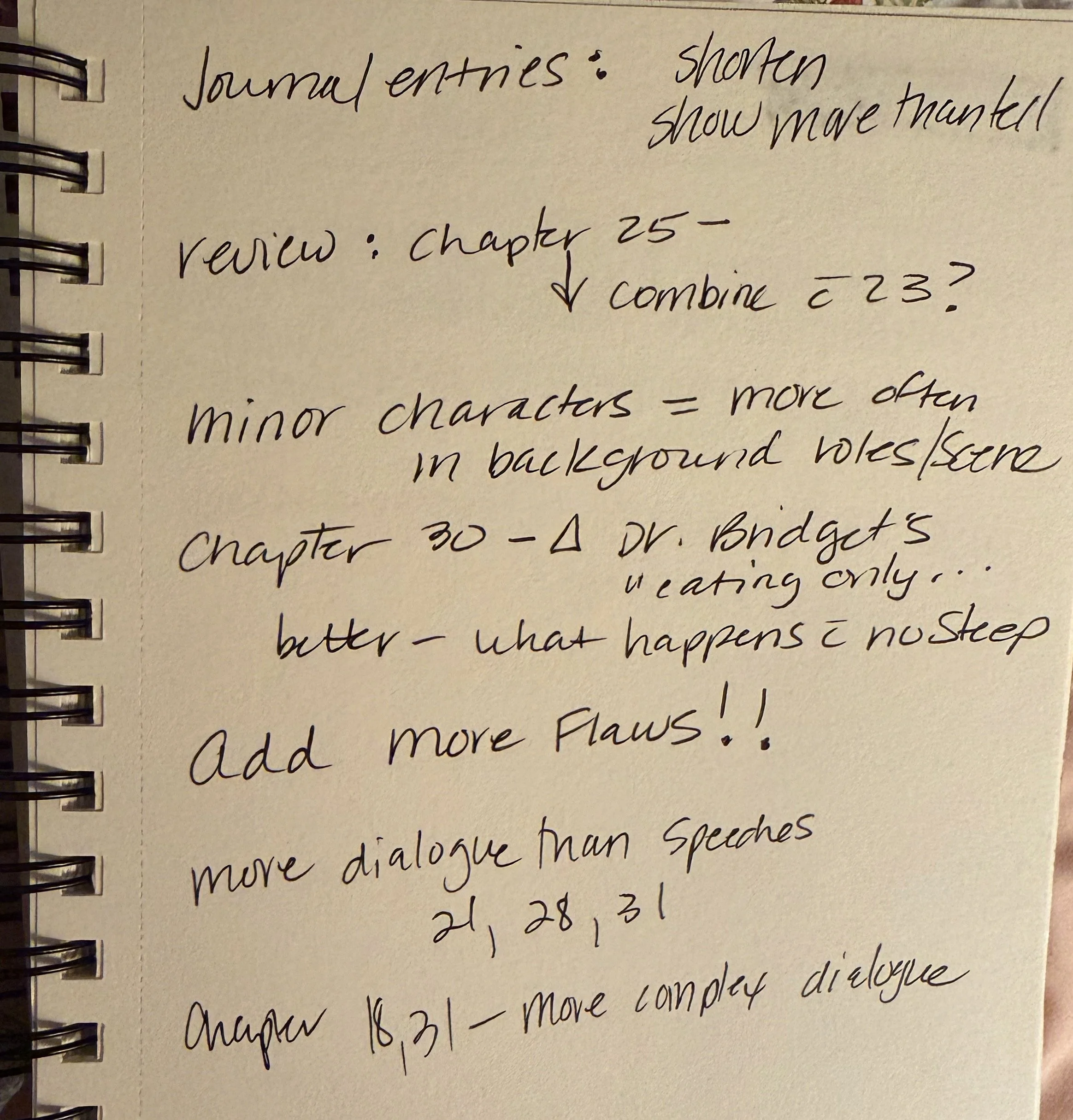 Notebook page with handwritten notes about journal entries, reviews, minor characters, and chapters from a book.