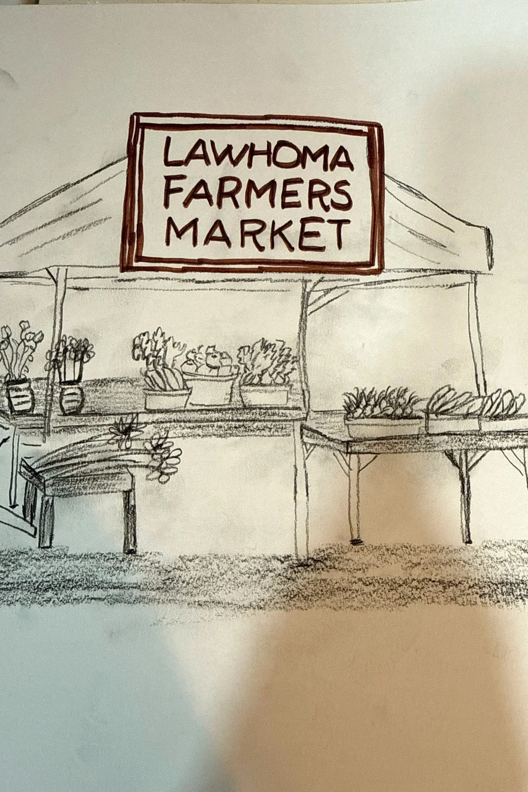 Sketch of a farmer's market stall with a sign reading 'Lahoma Farmers Market,' selling various vegetables and plants.