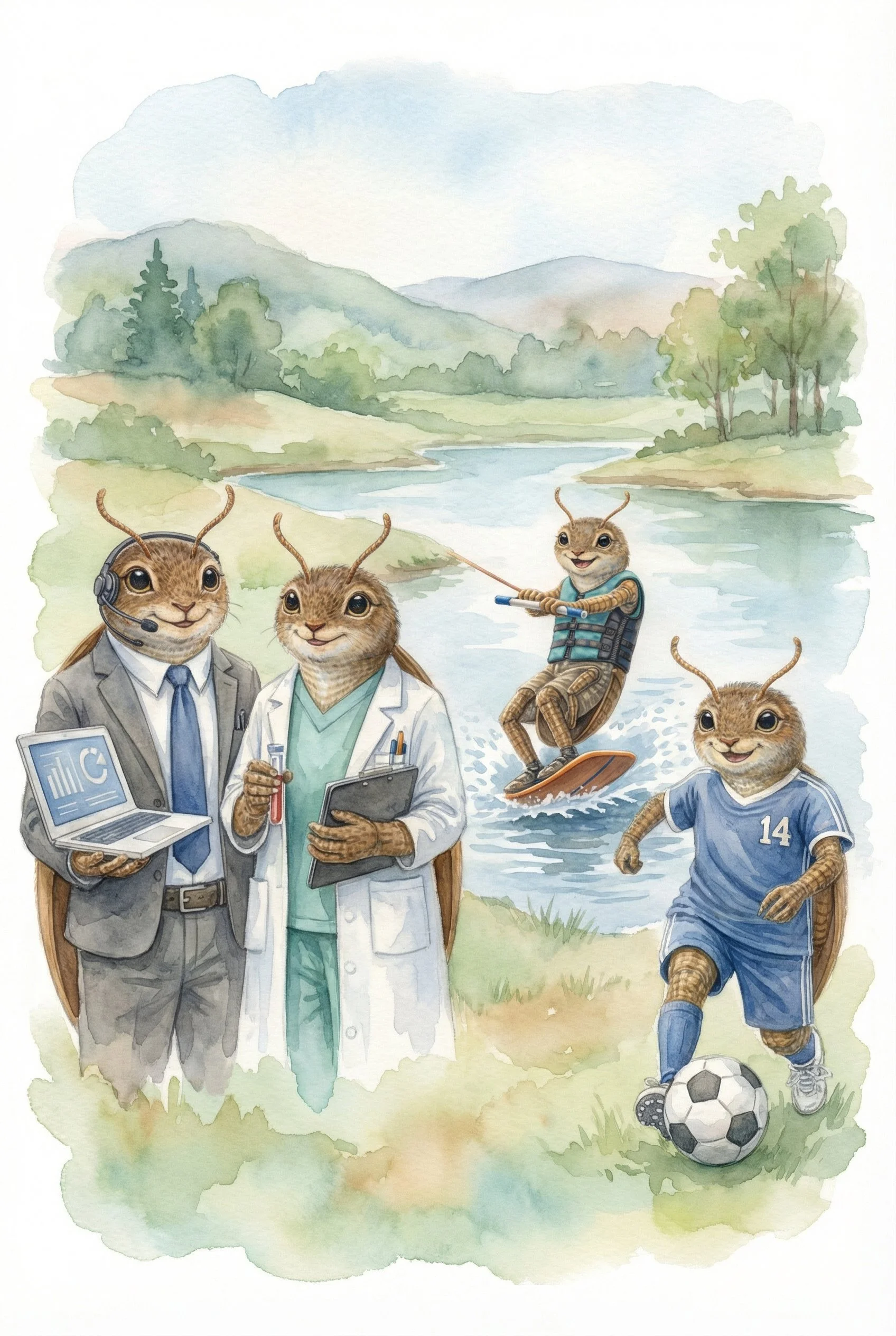 Illustration of anthropomorphic squirrels with sports and medical themes by a lake, including two squirrels in medical coats and one with a headset, a squirrel on a skateboard, and a squirrel playing soccer.