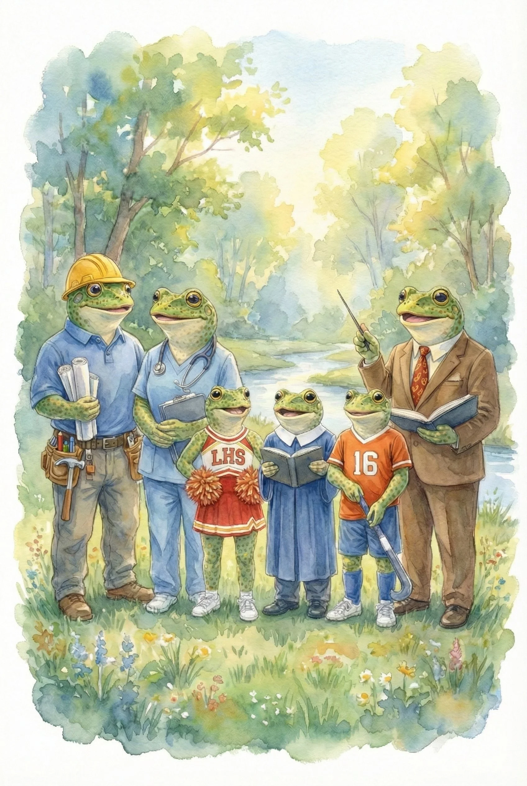 Group of anthropomorphic frogs dressed as professionals and students outdoors by a river, with trees and flowers in the background.