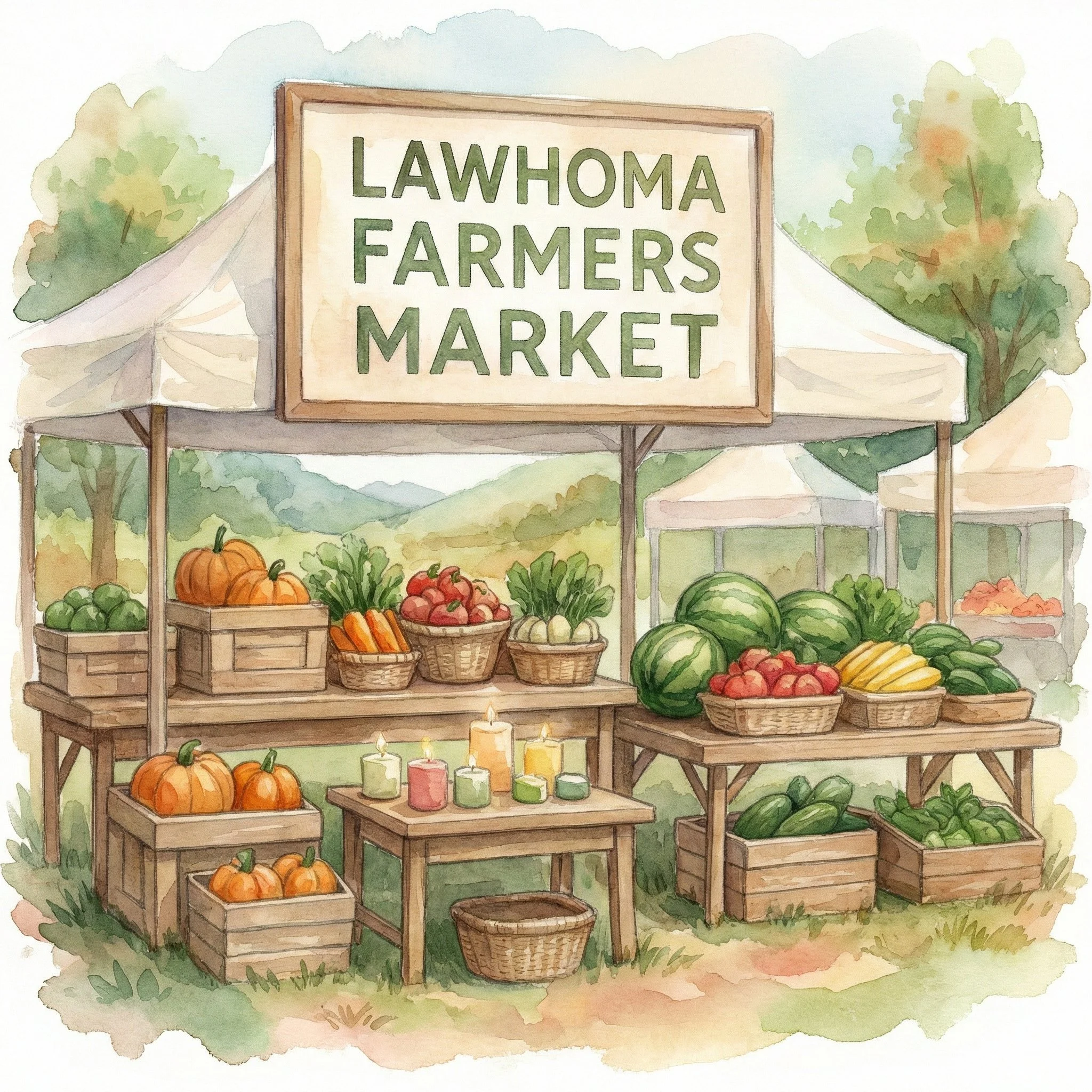 Watercolor illustration of an outdoor farmers market stand with various fresh vegetables and pumpkins, under a sign that reads "Lawahma Farmers Market."
