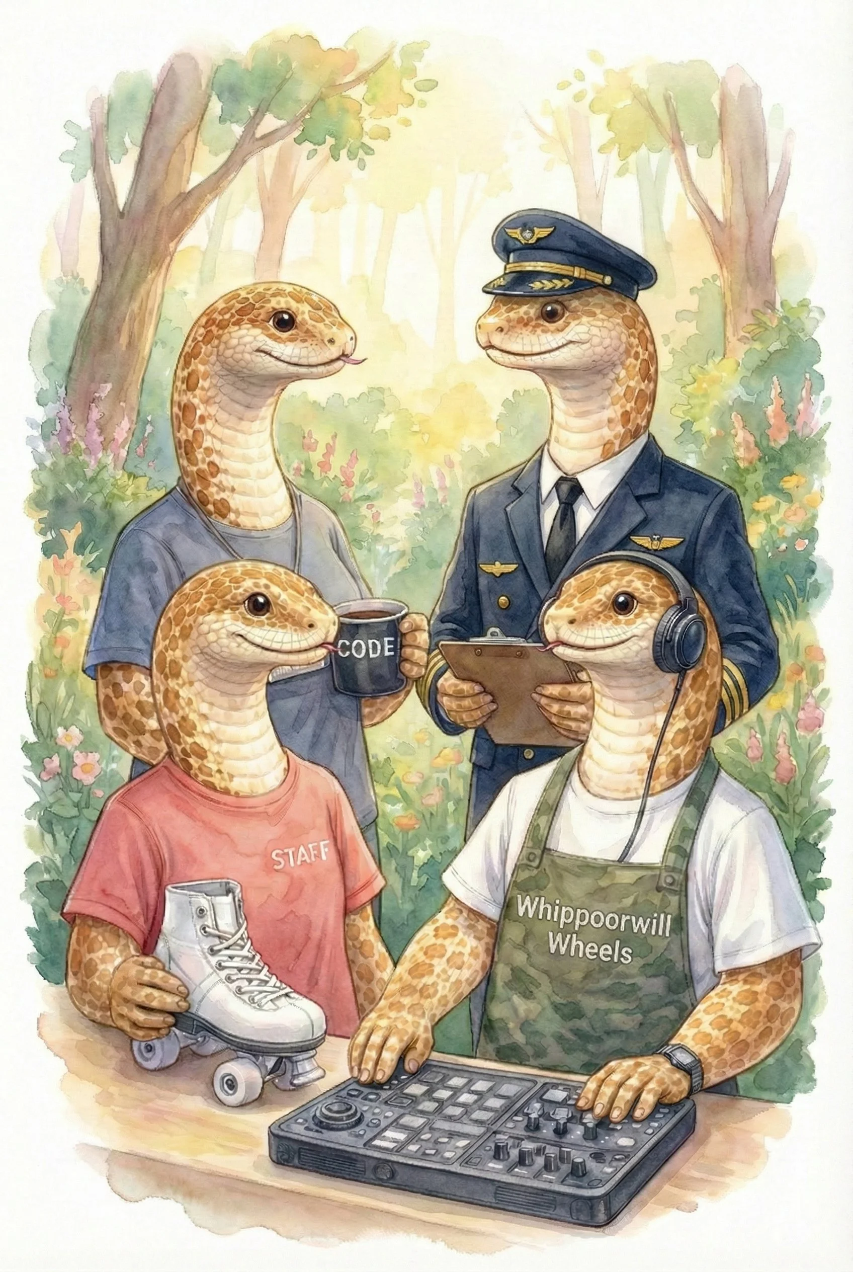 Anthropomorphic lizards with various roles in a park, including a DJ, a staff member with a roller skate, a pilot, and a person in uniform, surrounded by trees and flowers.