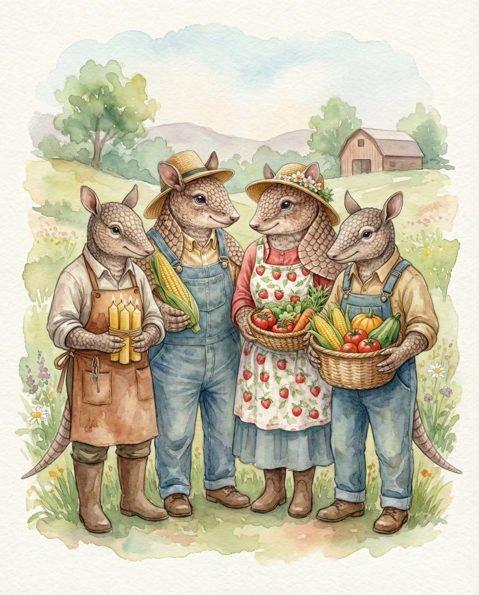 Four mice with mouse faces and bodies dressed as farmers, standing outdoors in a field with a barn in the background, holding baskets of vegetables.