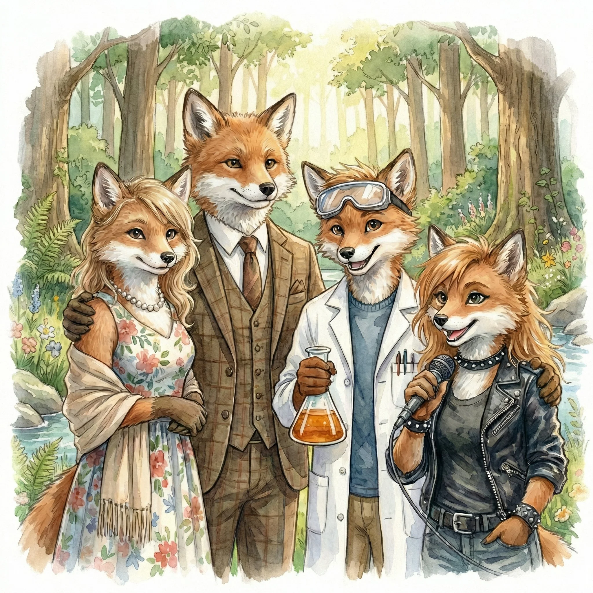 Anthropomorphic foxes dressed in various outfits, standing in a forest background, representing science, arts, and literature themes.