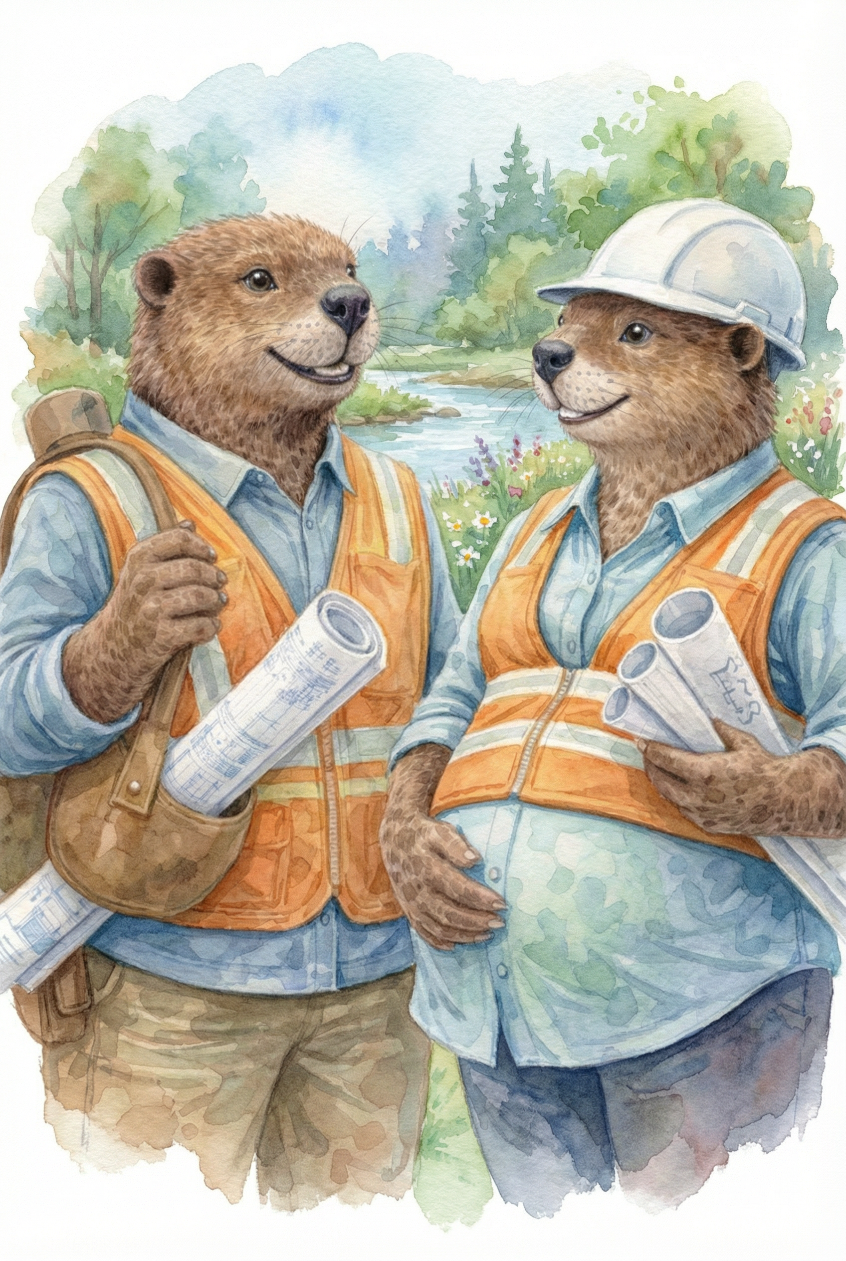 Two anthropomorphic otters wearing safety vests and blue shirts, holding blueprints, standing outdoors near a river with trees and flowers in the background, one wearing a safety helmet.