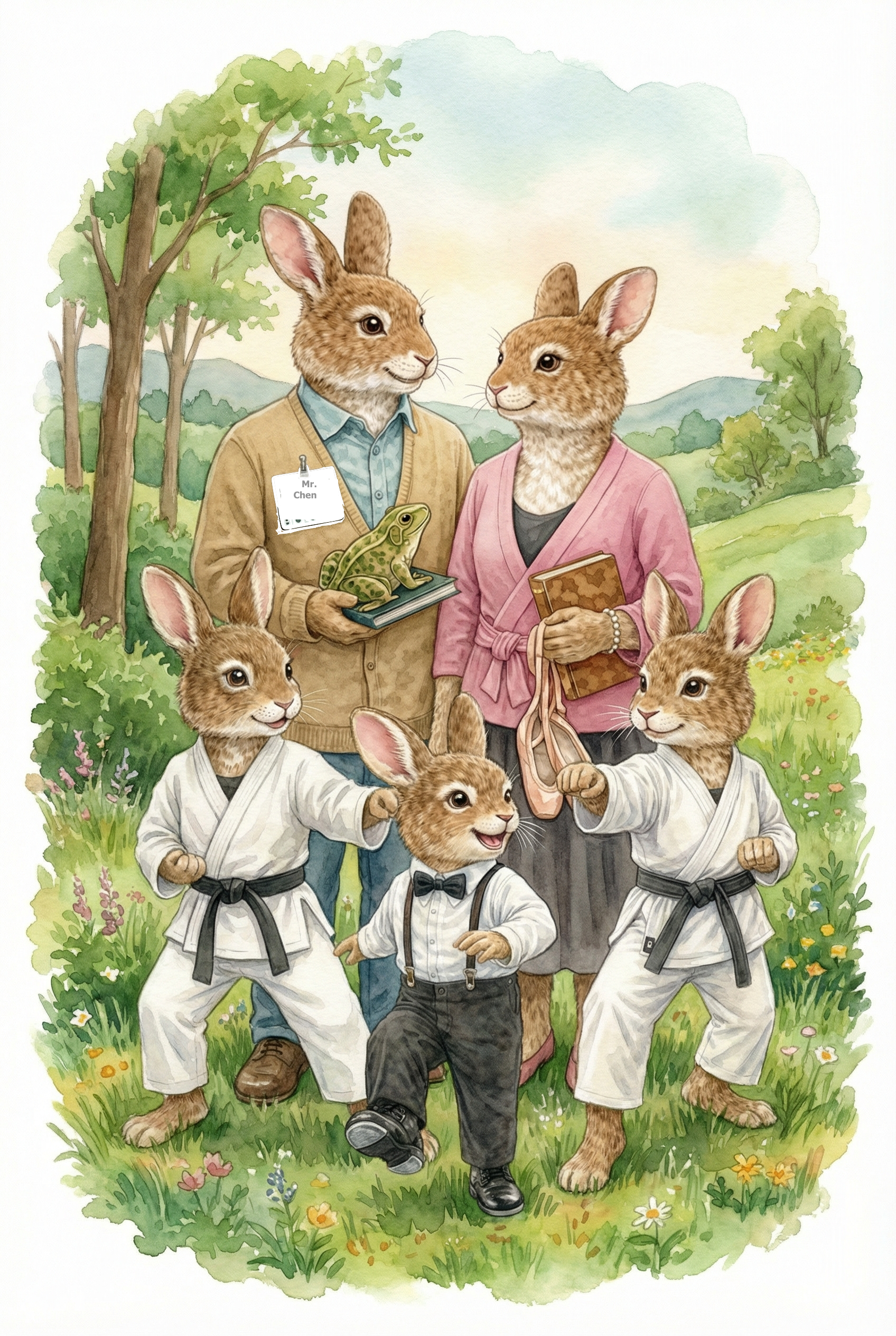 Anthropomorphic rabbits and a hare in a park. The hare is wearing a beige sweater, holding a frog and a clipboard. Two adult rabbits are standing next to the hare, one with a pink kimono holding a bag and a book, and the other with a white karate gi and a black belt. Two young rabbits in karate gis with black belts are in the front, one with a bow tie and suspenders, all smiling.