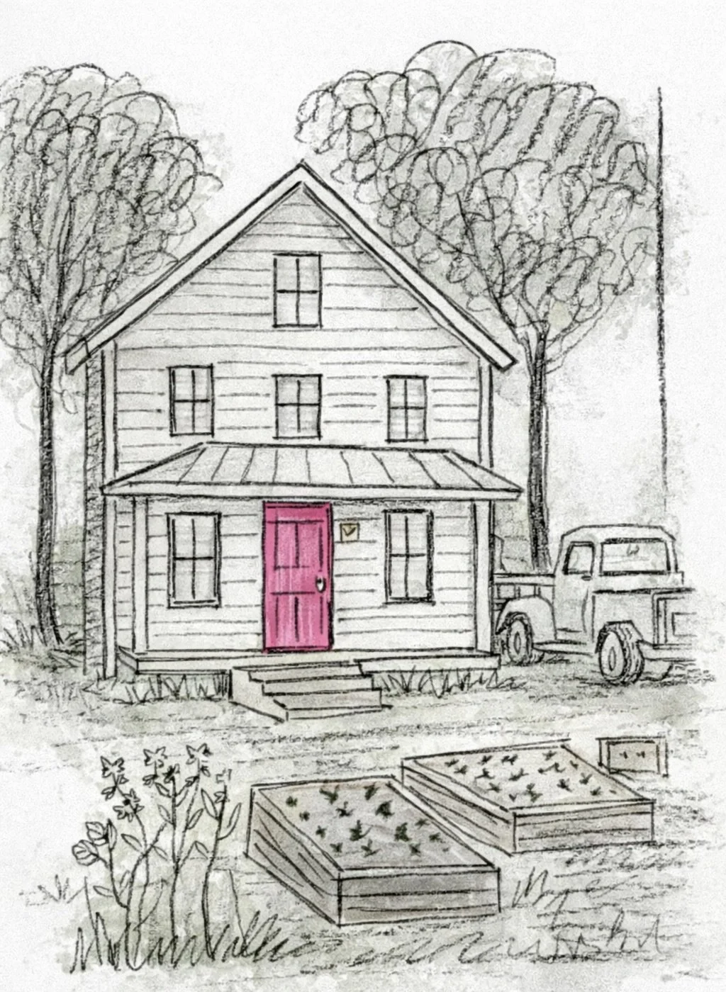 Sketch of a house with a pink door, two trees, a vintage truck, and garden beds in the yard.