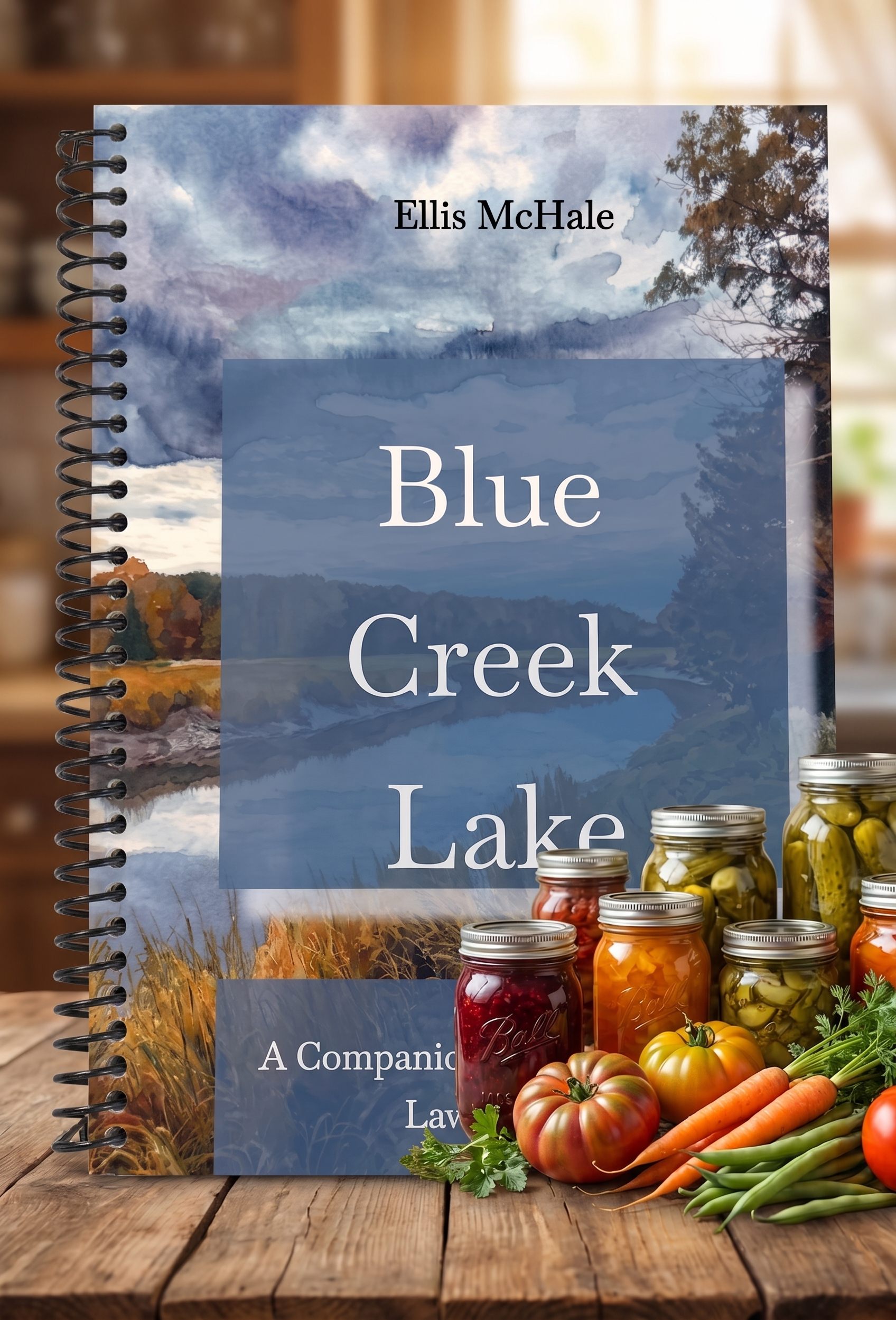 A cookbook titled 'Blue Creek Lake' by Ellis McHale, surrounded by fresh vegetables and jars of preserved food on a rustic wooden table.
