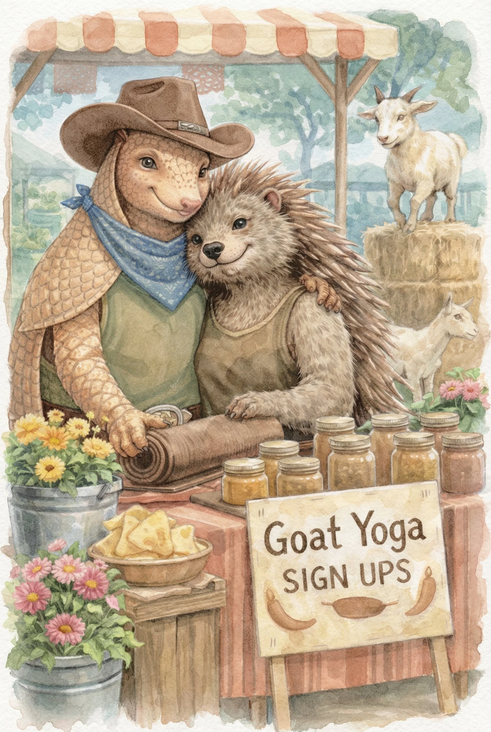 Animals at a farmer's market stand for goat yoga, featuring a lizard and a hedgehog embracing, with jars of honey, flowers, and a sign that reads 'Goat Yoga Sign Ups'.