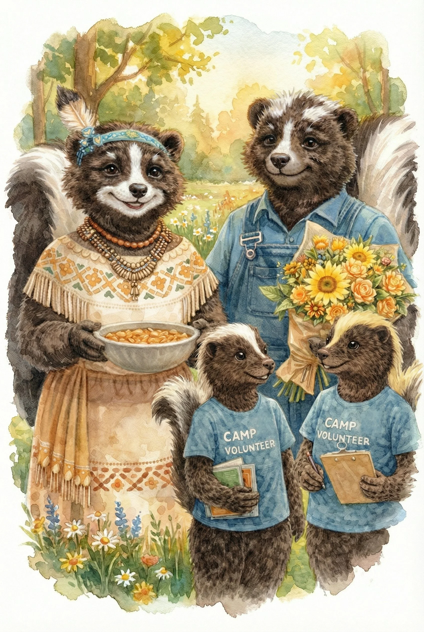 Illustration of anthropomorphic animals in a sunny outdoor setting with trees and flowers, featuring a skunk family. The mother skunk wears traditional clothing with jewelry and holds a bowl of baked beans. The father skunk wears denim overalls and holds a bouquet of yellow flowers. Two children-skunks in camp volunteer t-shirts are holding books and a clipboard.