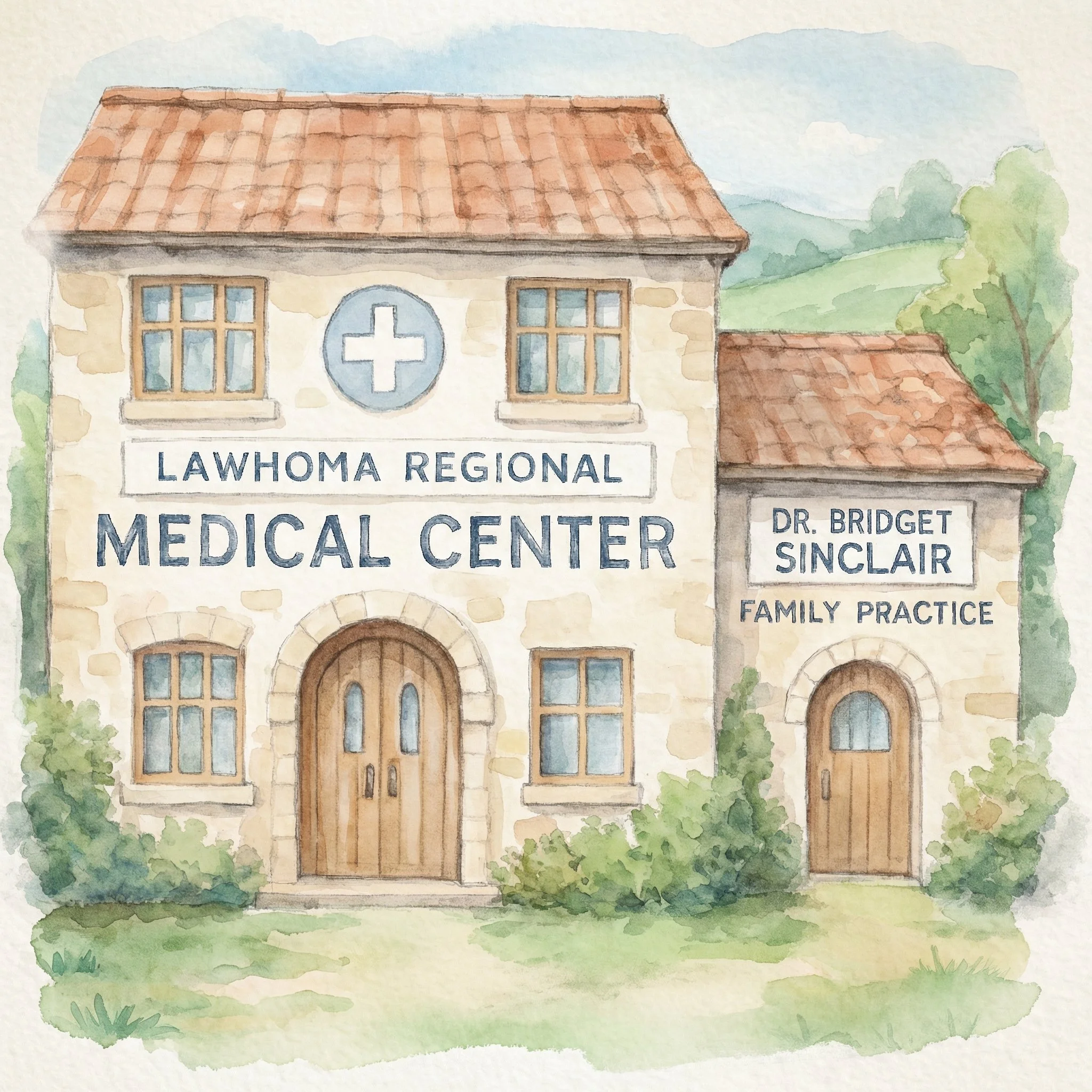 Watercolor illustration of a two-story medical center building with a sign that reads 'Lawhoma Regional Medical Center' and a smaller sign for Dr. Bridget Sinclair Family Practice. The building has a stone facade, wooden doors, and windows, with surrounding greenery and distant hills.