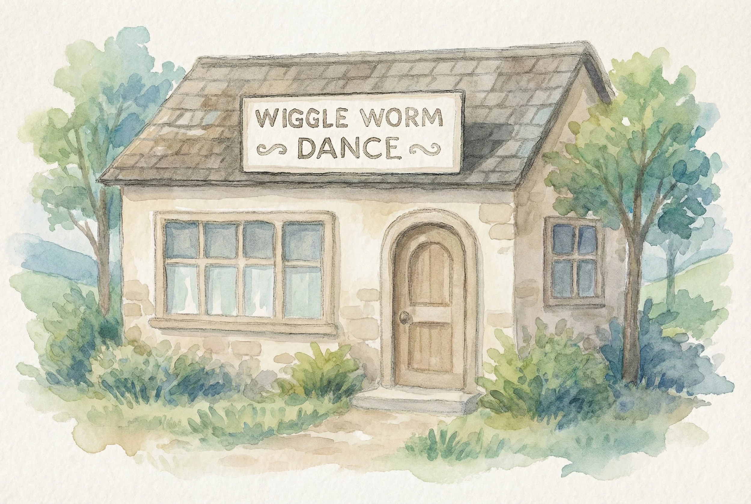 Watercolor painting of a small house with a sign that reads 'Wiggle Worm Dance,' surrounded by trees and green foliage.