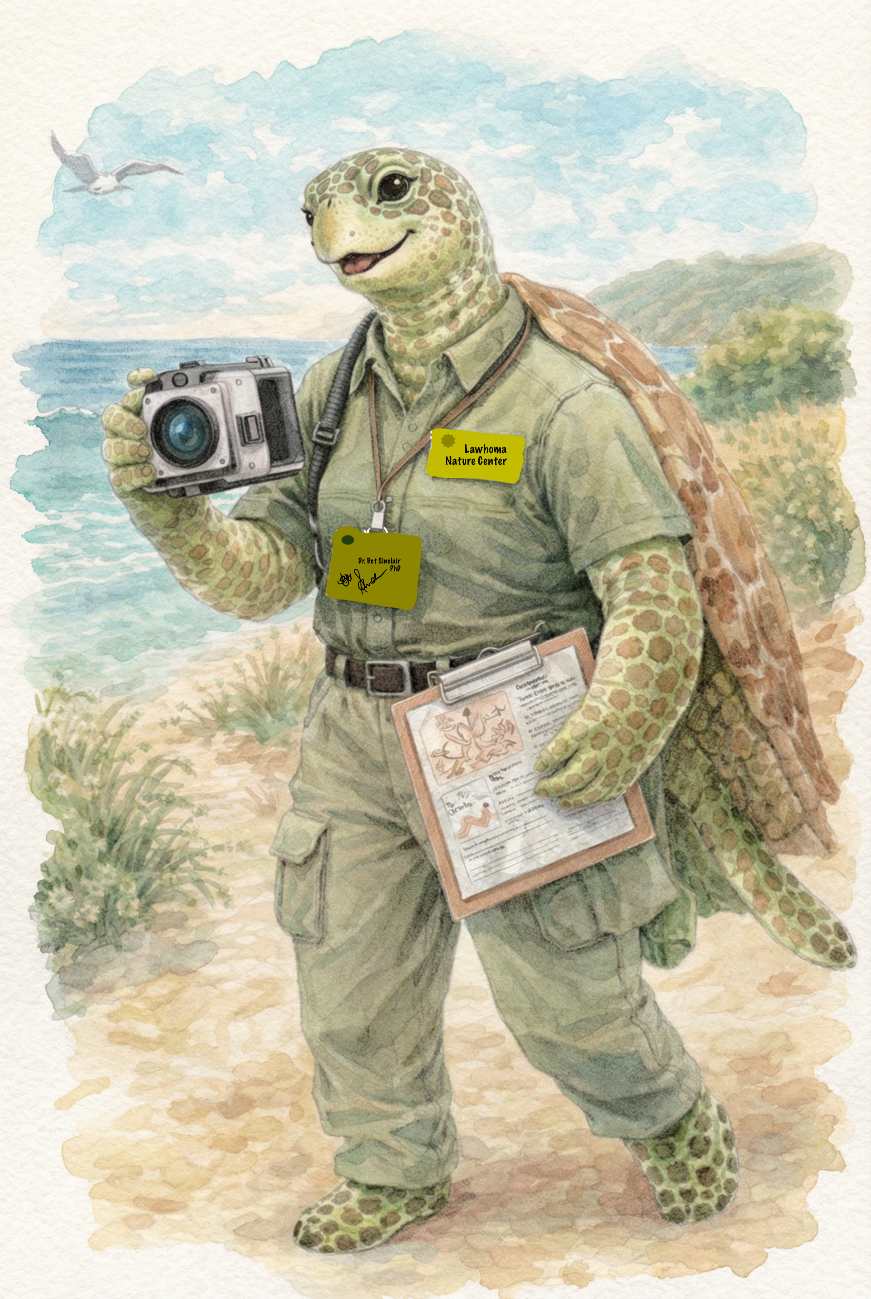 An anthropomorphic turtle dressed as a wildlife researcher, holding a camera and clipboard, standing on a beach with the ocean, sky, and a bird flying overhead.