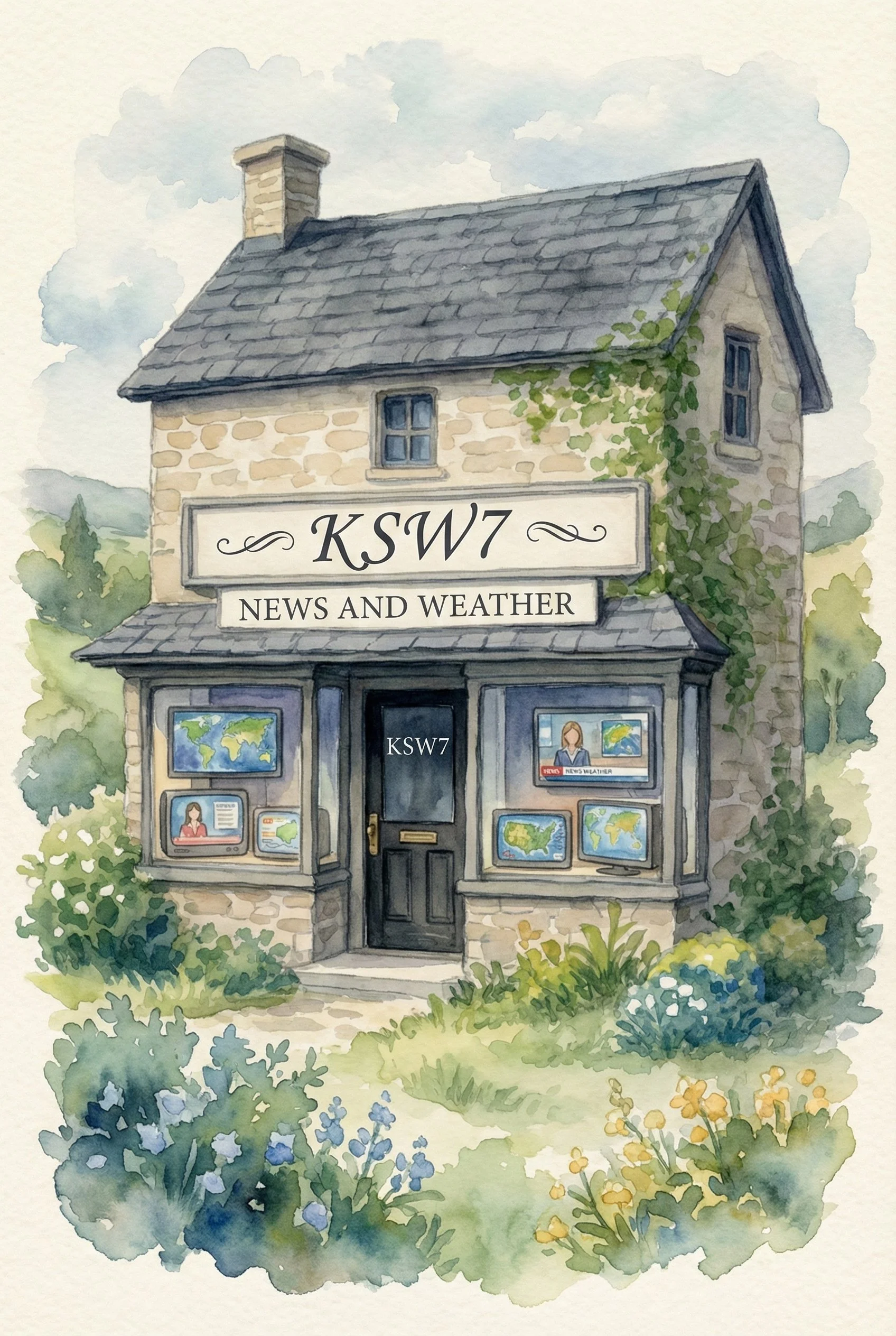 Watercolor illustration of a small stone building with a sign reading 'KSW7' and 'News and Weather', featuring several TV screens displaying weather maps and news anchors, surrounded by greenery and flowers.