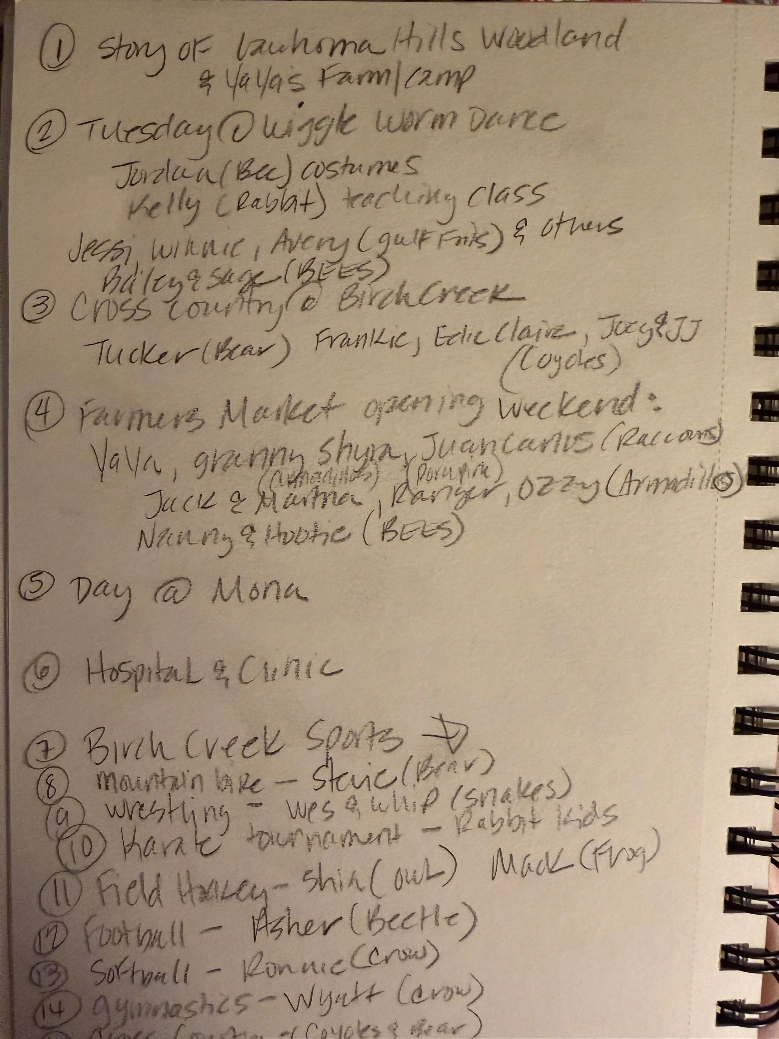 Handwritten weekly plan including activities at various locations such as fire lookout, farm camp, a dance class, a market, a hospital, and sports events like birch creek sports and football. It lists names, dates, and notes about different activities.