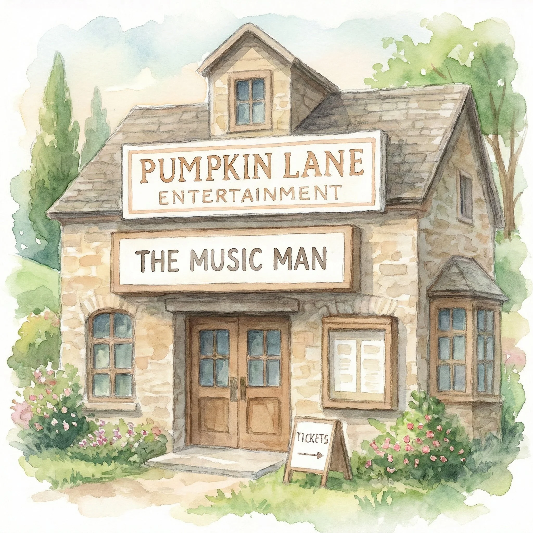 Watercolor painting of a stone building with a sign that reads 'Pumpkin Lane Entertainment' and a top sign that says 'The Music Man.' Flower bushes and trees surround the building.