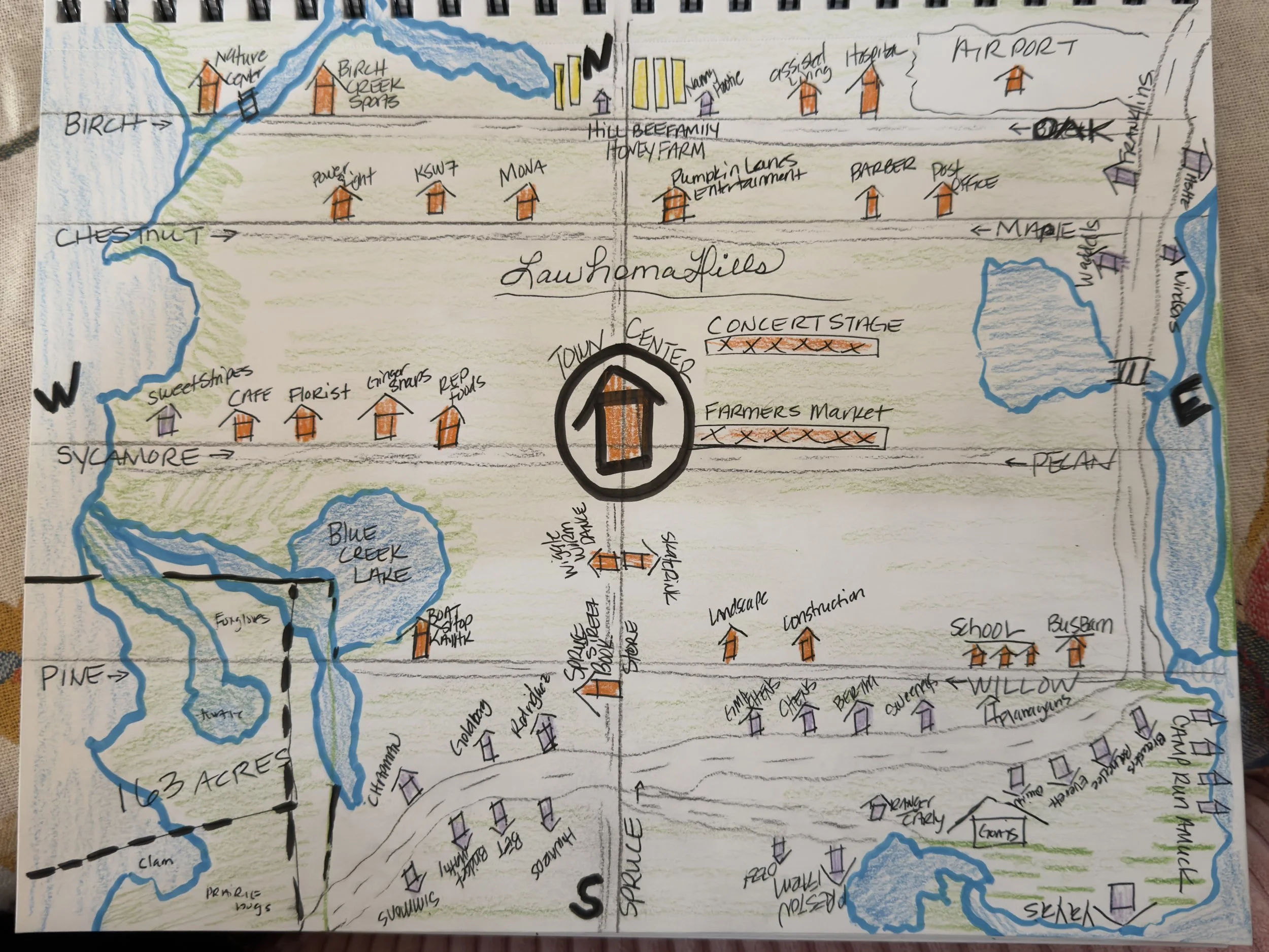 Hand-drawn map of a community with labeled areas, roads, water features, and buildings, including a town center, farmer's market, concert stage, schools, parks, lakes, creeks, and residential houses.