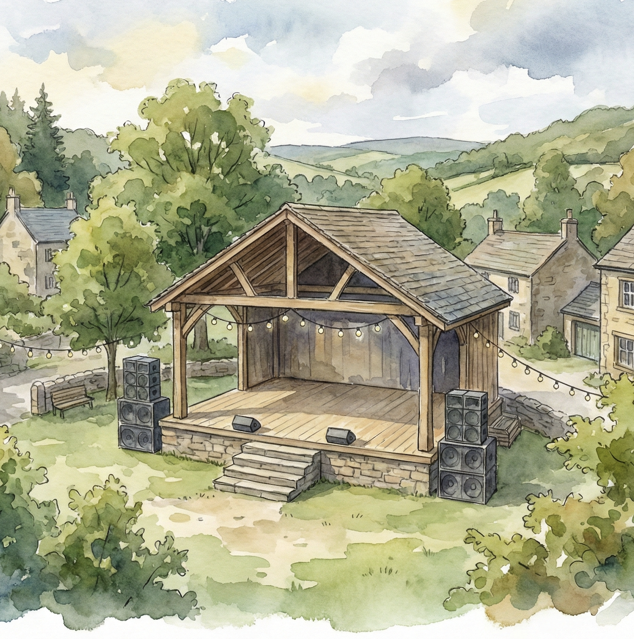A watercolor painting of an outdoor music stage with wooden structure and string lights in a hillside village setting, surrounded by trees and houses.